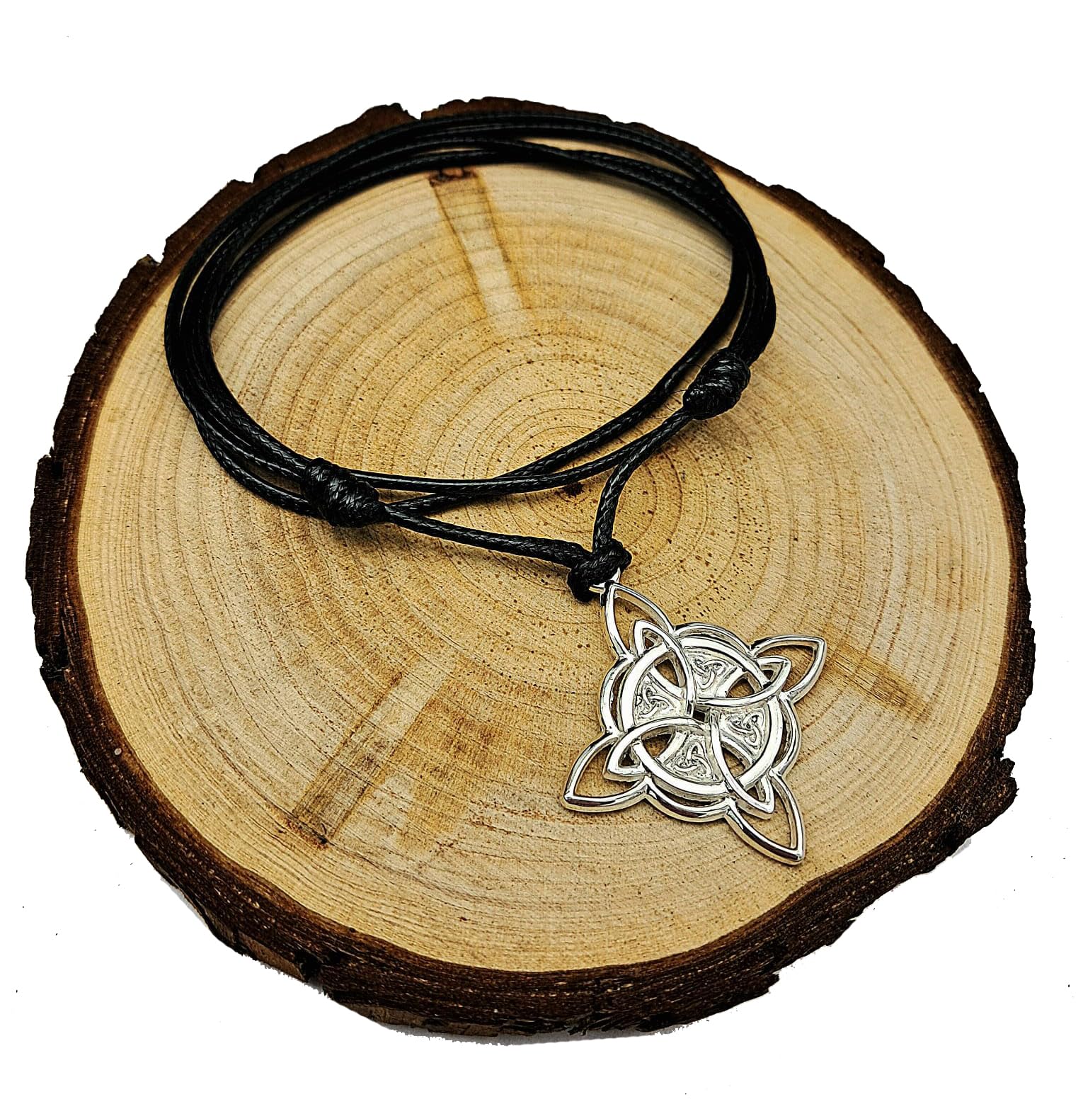 Collar Nudo de Bruja Plata de ley - colgantes nudo de bruja - amuleto protector nudo de brujas - Grande 30 mm- pequeño 25 mm - Incluye Cordón Negro con Nudos Corredizos