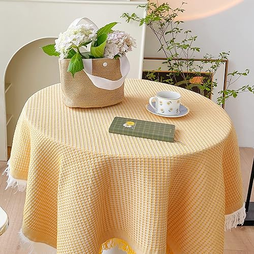 NM&DMY Tassel Tablecloth Cotton Linen Weave Table Cover Premium Japanese Table Cloth Indoor Outdoor Tabletop Decor Dust-Proof Table Linens-Yellow