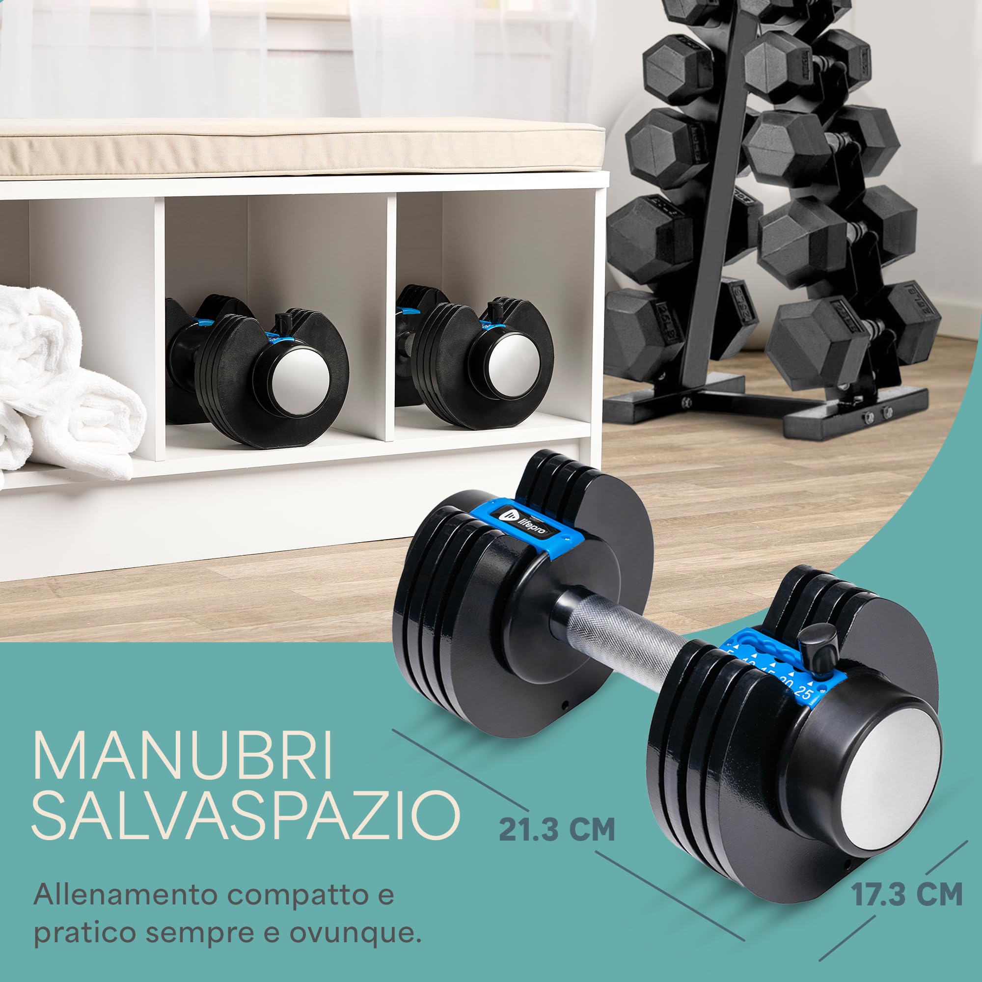 LifePro Set di Manubri Regolabili da 2 x 11,34 kg (25 lb) - Set di Pesi con Impugnatura Antiscivolo e Meccanismo di Bloccaggio di Sicurezza per Palestra Domestica