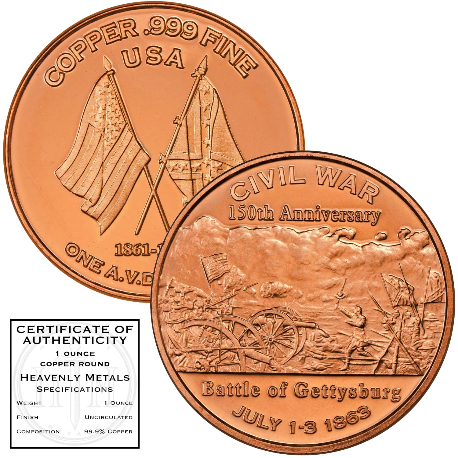 Heavenly Metals Battle of Gettysburg Civil War Commemorative 1 oz Pure .999 Copper Round Bullion Coin in Capsule - COA