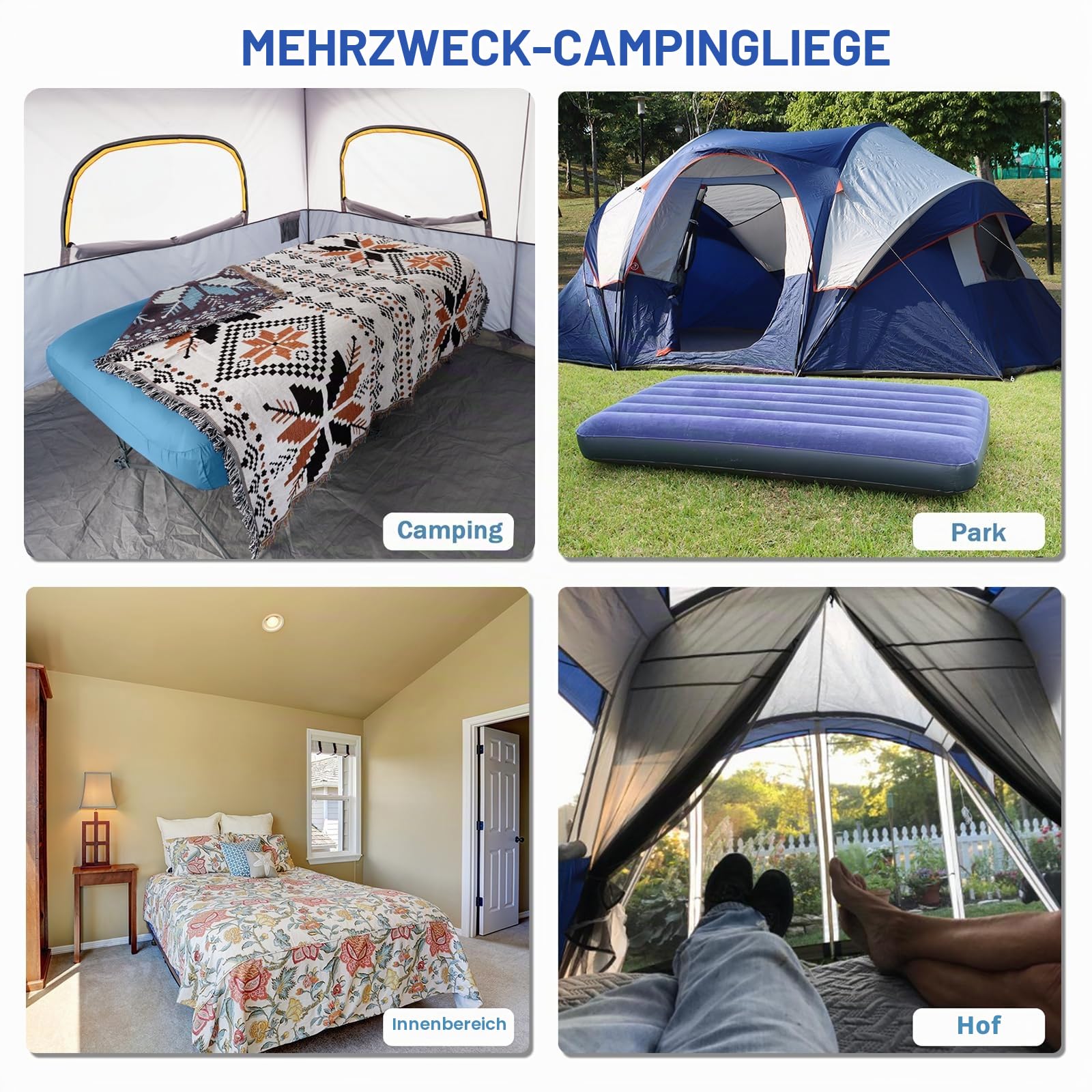 KAMPKEEPER Campingbett, zusammenklappbares Campingbett mit aufblasbarer Luftmatratze und Tragetasche, für Outdoor-Reisen