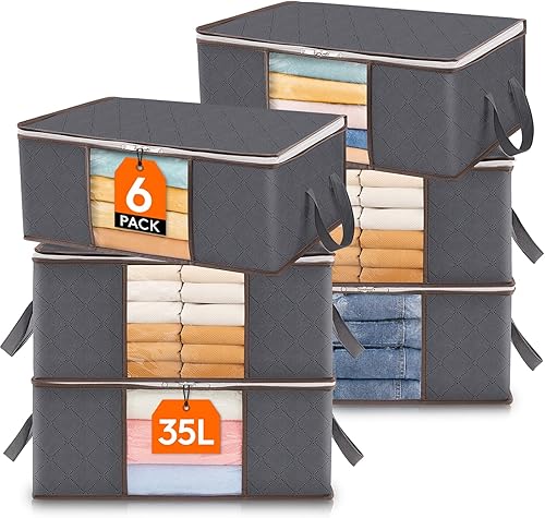 Miniatura 9 de Lifewit Paquete de 8 contenedores plegables de almacenamiento de ropa con tapas, gris, tela no tejida, rectangulares, cremallera resistente, asa
