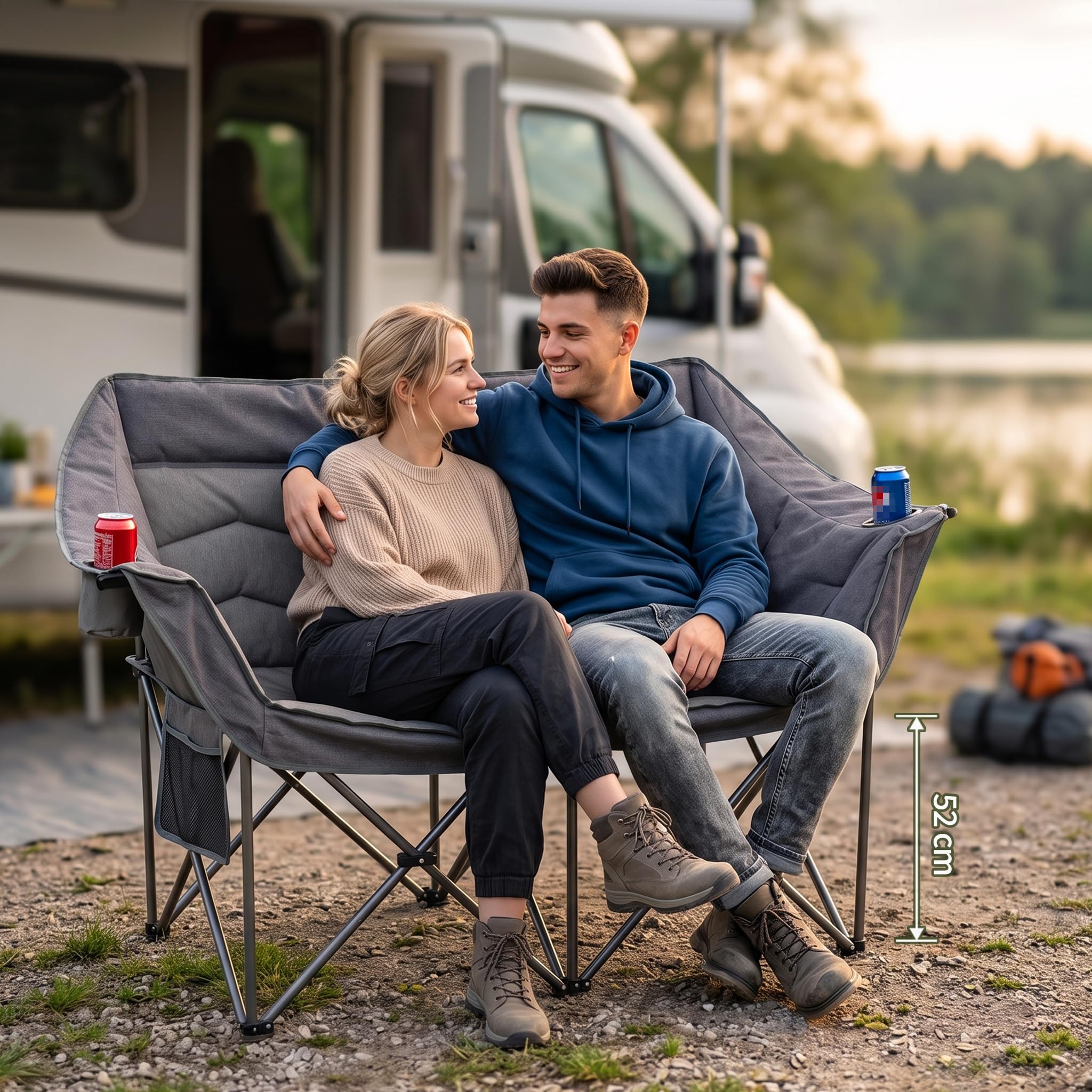 Homecall Podwójne krzesło kempingowe dla dorosłych – wytrzymała, składana sofa dwuosobowa (obciążenie do 320 kg), wyściełana sofa kempingowa dla 2 osób, przenośna, idealna na kemping, do ogrodu i