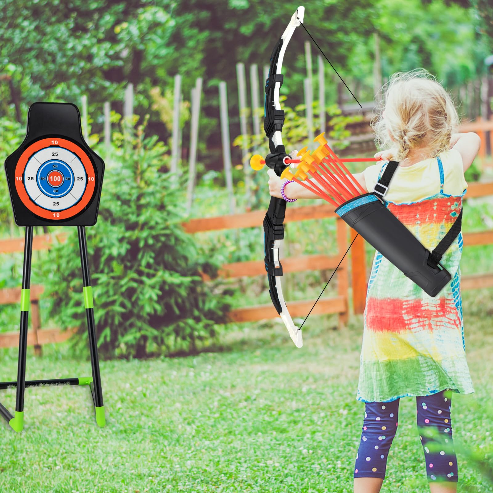 HOMASIS Set di Arco e Frecce per Bambini, Giochi all'Aperto per Bambini con 2 Archi/ 20 Frecce/ 2 Faretre/Bersaglio, Tiro al Bersaglio Bambini con Luci LED Lampeggianti, Regalo per Bambini dai 3 Anni