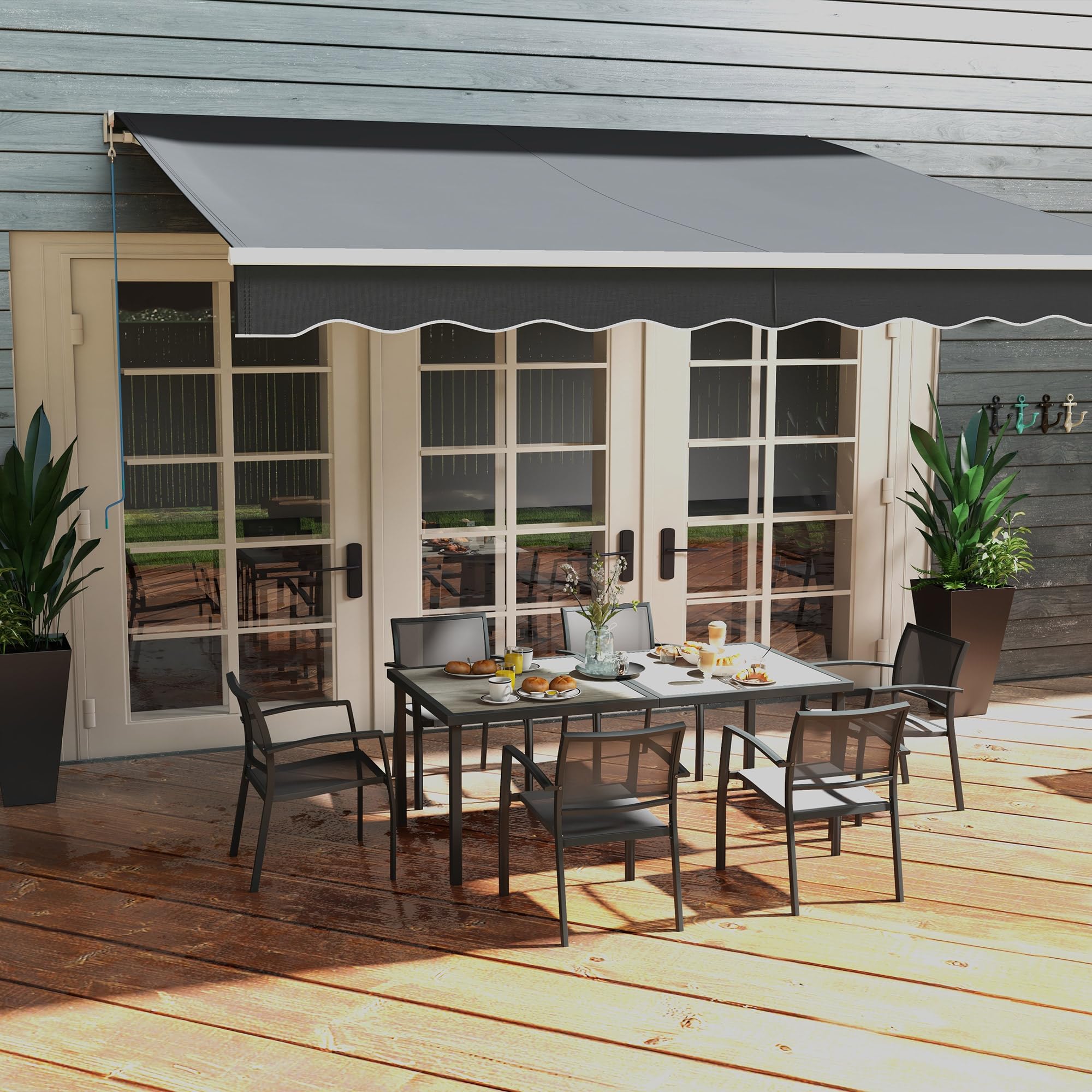 Outsunny Set Tavolo da Giardino con Sedie da 7 Pezzi Set da Pranzo Grigio | Tavolo con Piano in Plastica Effetto Legno, 6 Sedie da Esterno Impilabili con Braccioli, Mobili in Acciaio