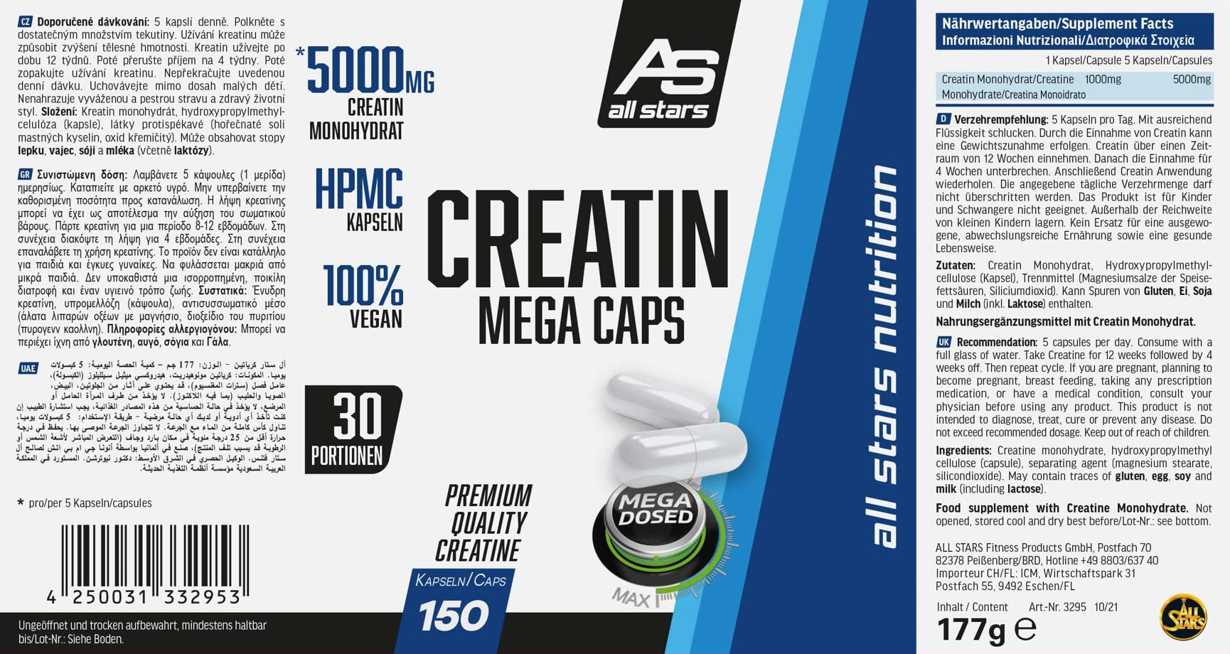 All Stars Creatin Mega Caps - Kapseln á 1183 mg, 150 Kapseln, 177 g