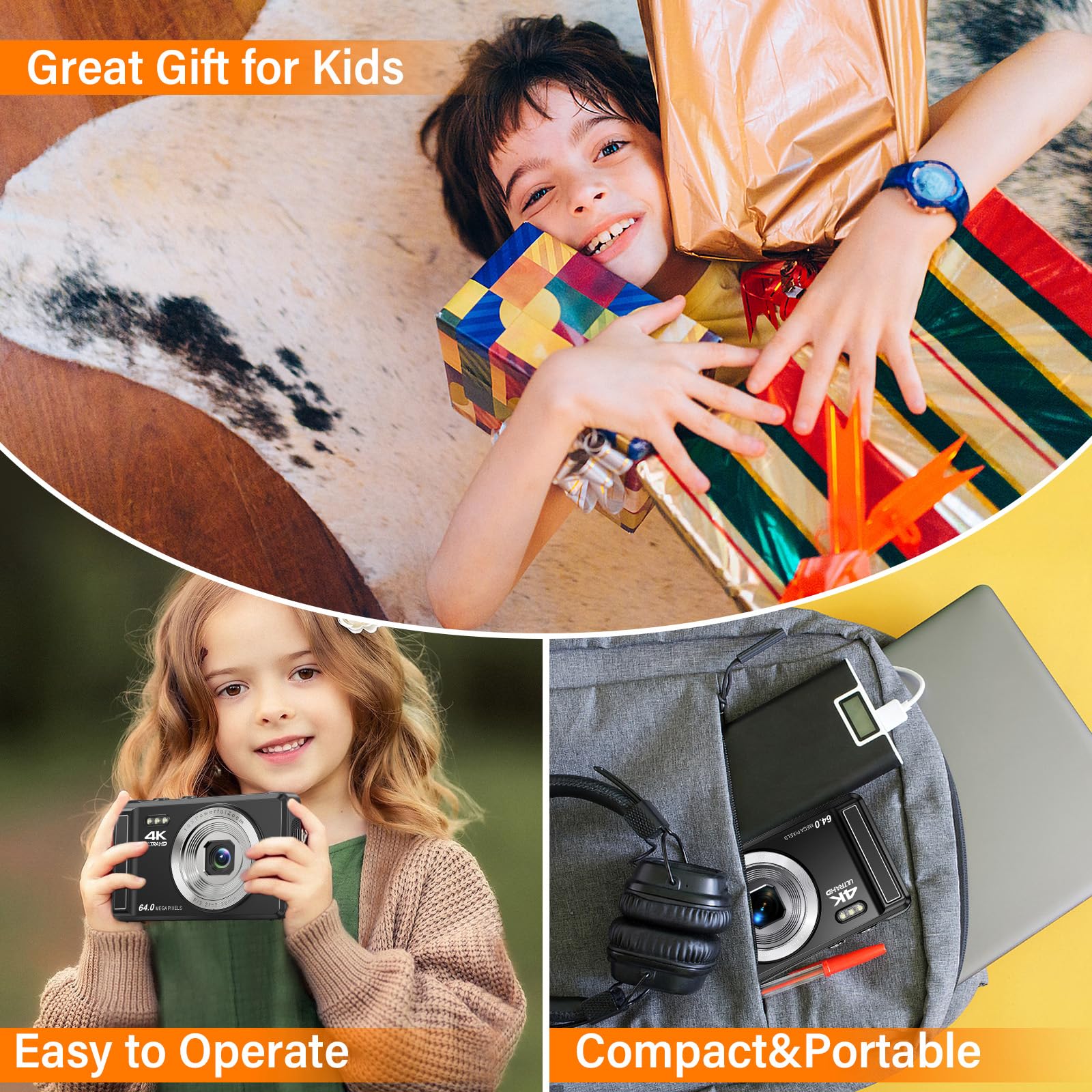 Fotocamera digitale CCN, 64MP 1080P FHD Fotocamera con schermo da 3,0, 18X Zoom Digitale Macchina fotografica compatta portatile con 32GB TF Card, Cavo USB, per adolescenti bambini adulti, Bianco