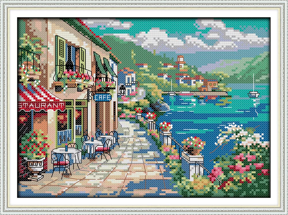 OWN4B Cross Stitch Kits Pre Printed, Seaside Cafe Stamped Pattern 11CT 15.0x10.6 inch DIY Embroidery Kit (Seaside)