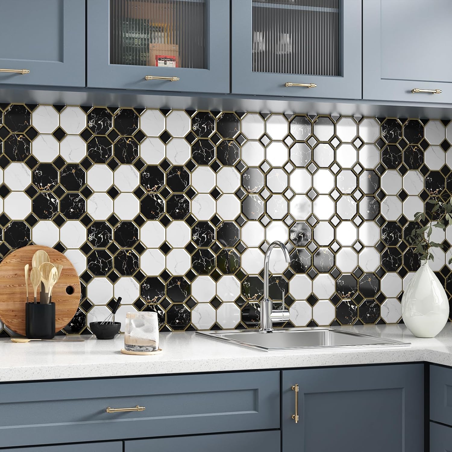 Wallercity Black/White Peel and Stick Backsplash Tile for Kitchen 12''x12'' Self-Adhesive Gold Marble Vinyl Wall Tiles for Bathroom Laundry 10PCS Stick on Backsplash Self-Adhesive Subway Wall Stickers
