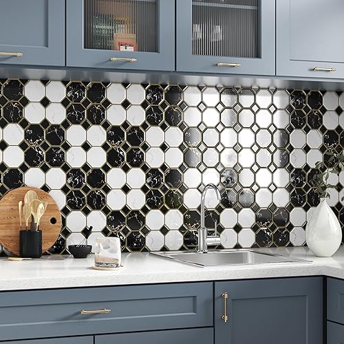 Wallercity Azulejos de pared autoadhesivos de mármol dorado para cocina, 12 x 12 pulgadas, azulejos de pared de vinilo de mármol dorado para baño,