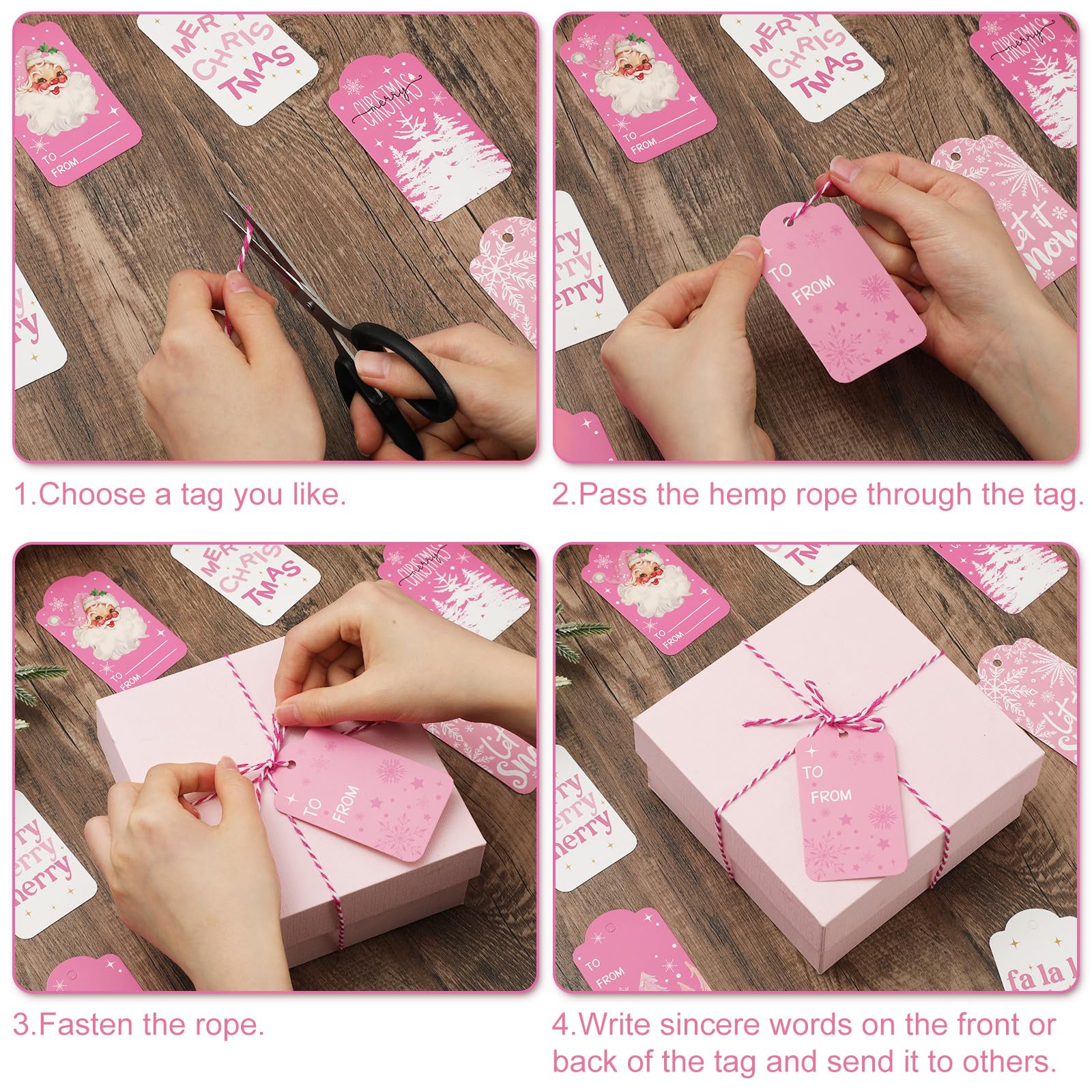 Whaline Weihnachtspapier-Geschenkanhänger, Rosa, Weihnachtsmann, Schneemann, mit Baumwollseil, für Winterurlaub, Namen, Geschenk, Basteln, 10 Designs, 120 Stück