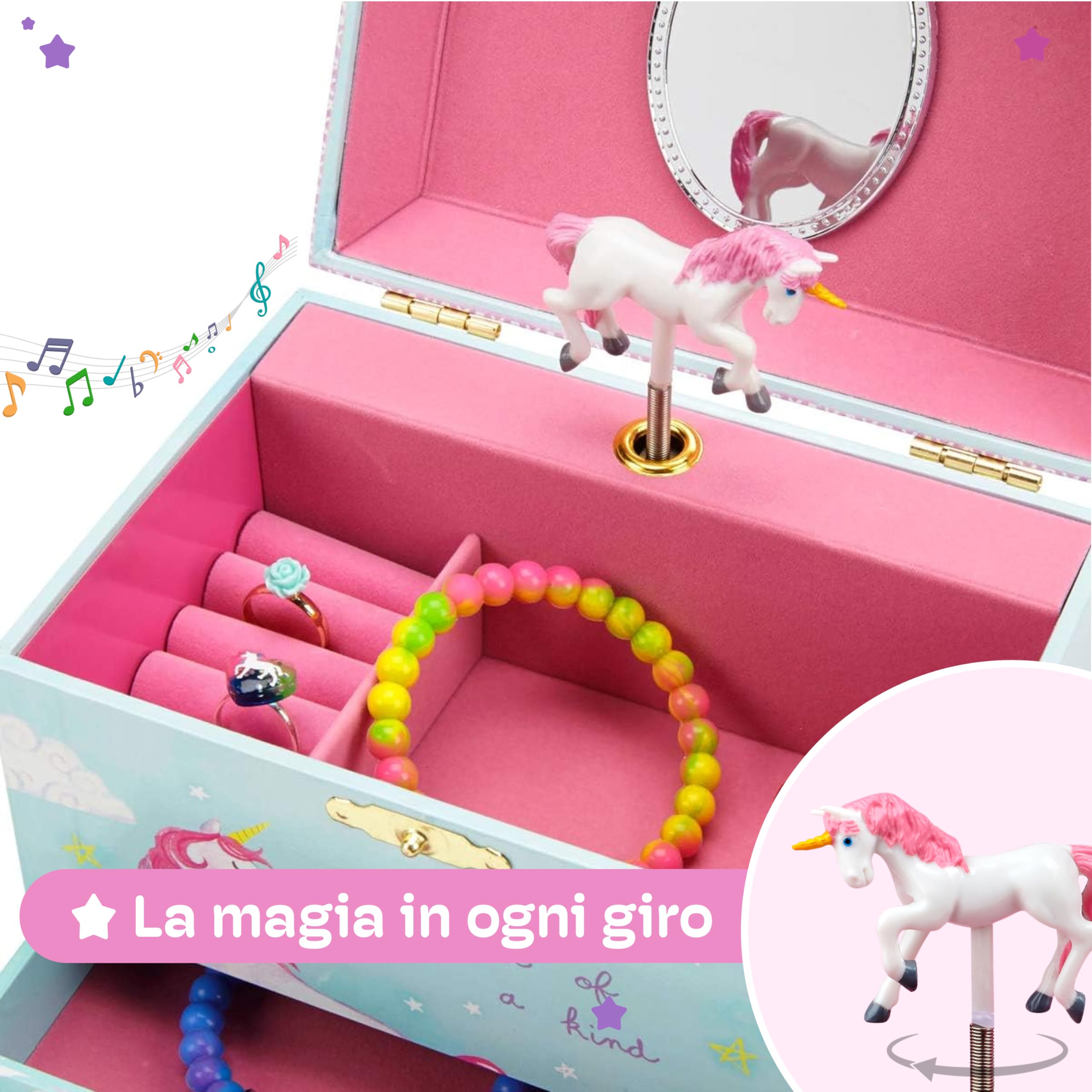 Jewelkeeper - Scatola Portagioie Musicale con Unicorno e Arcobaleno con 2 Cassetti Estraibili - Melodia dell'Bel sognatore