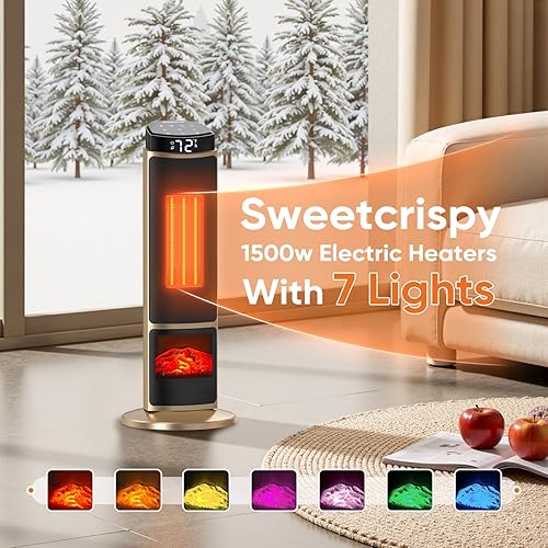 Miniatura 2 de Sweetcrispy Calentador de espacio para uso en interiores, calentador portátil de 23 pulgadas con control remoto y termostato, 7 modos de luz,