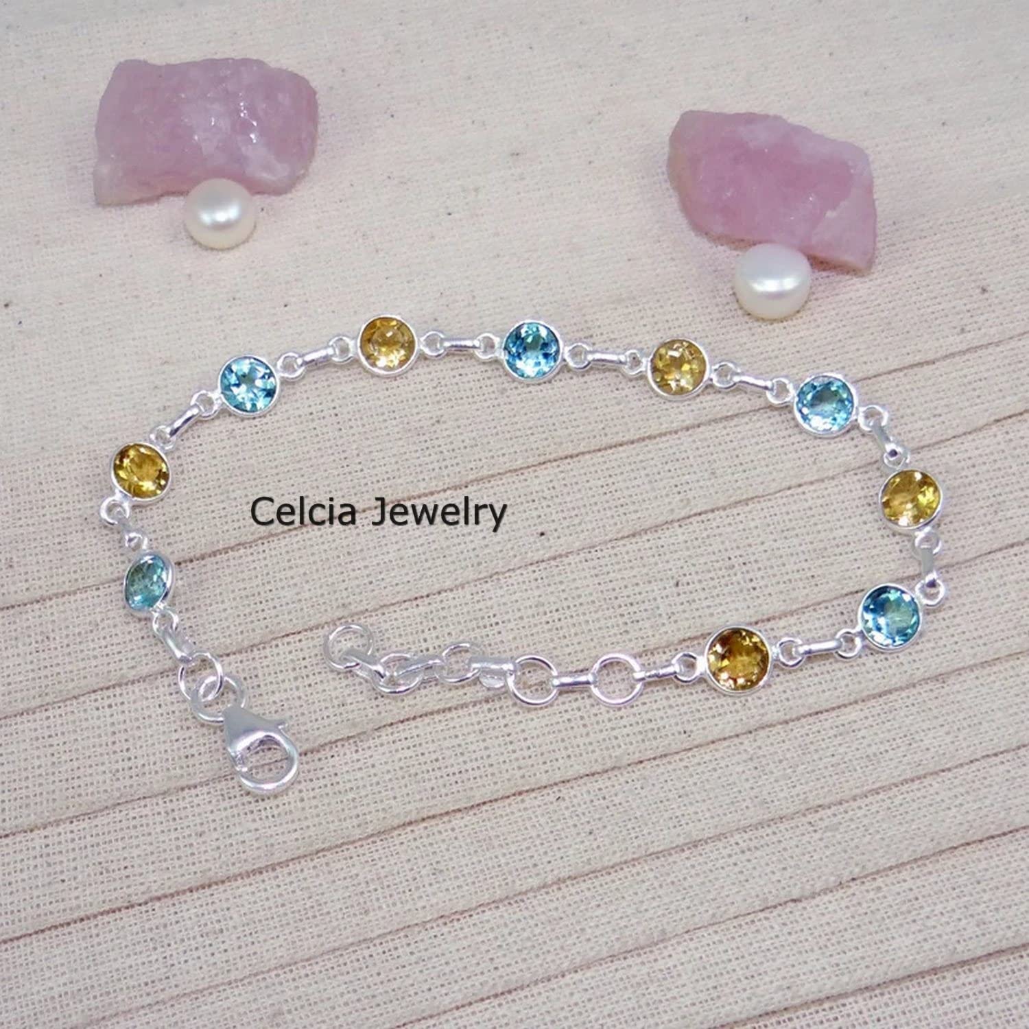 Pulsera de plata de ley 925 maciza para hombres y mujeres, topacio azul genuino y citrino, múltiples piedras preciosas, pulsera única hecha a mano para ella