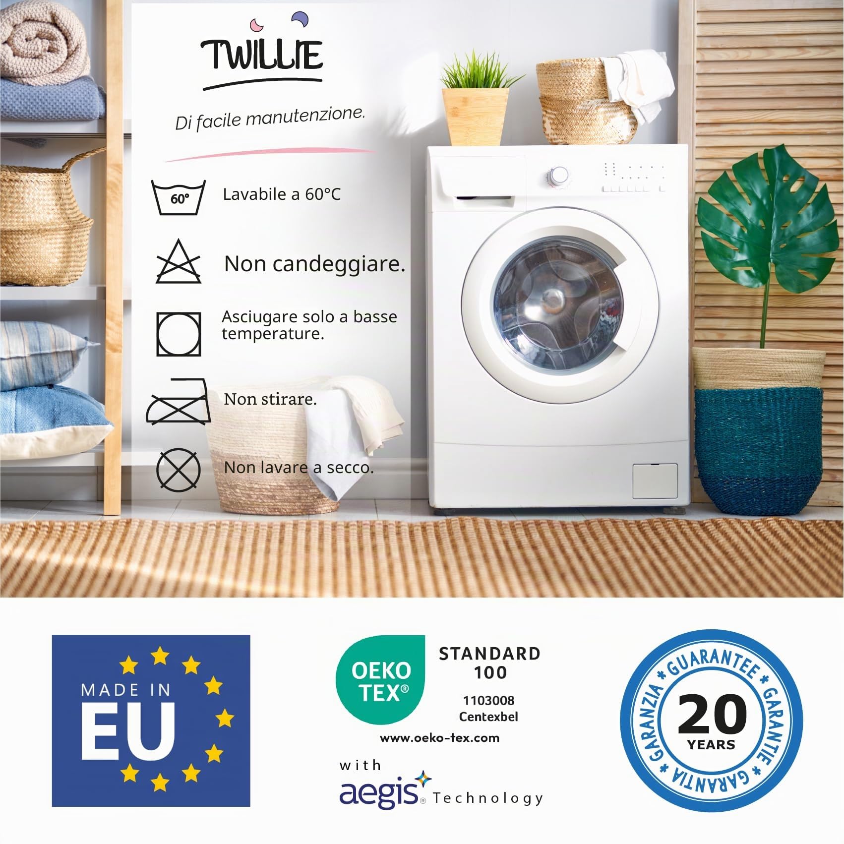 Twillie - Copricuscino 50x80 cm Impermeabile (set da 2) Made in Europa - Oeko-Tex® Aegis® Copriguanciale Traspiranti e Ipoallergenici - Federe per cuscini Anti-Acari, Anti-Batteri - 100% Policotone
