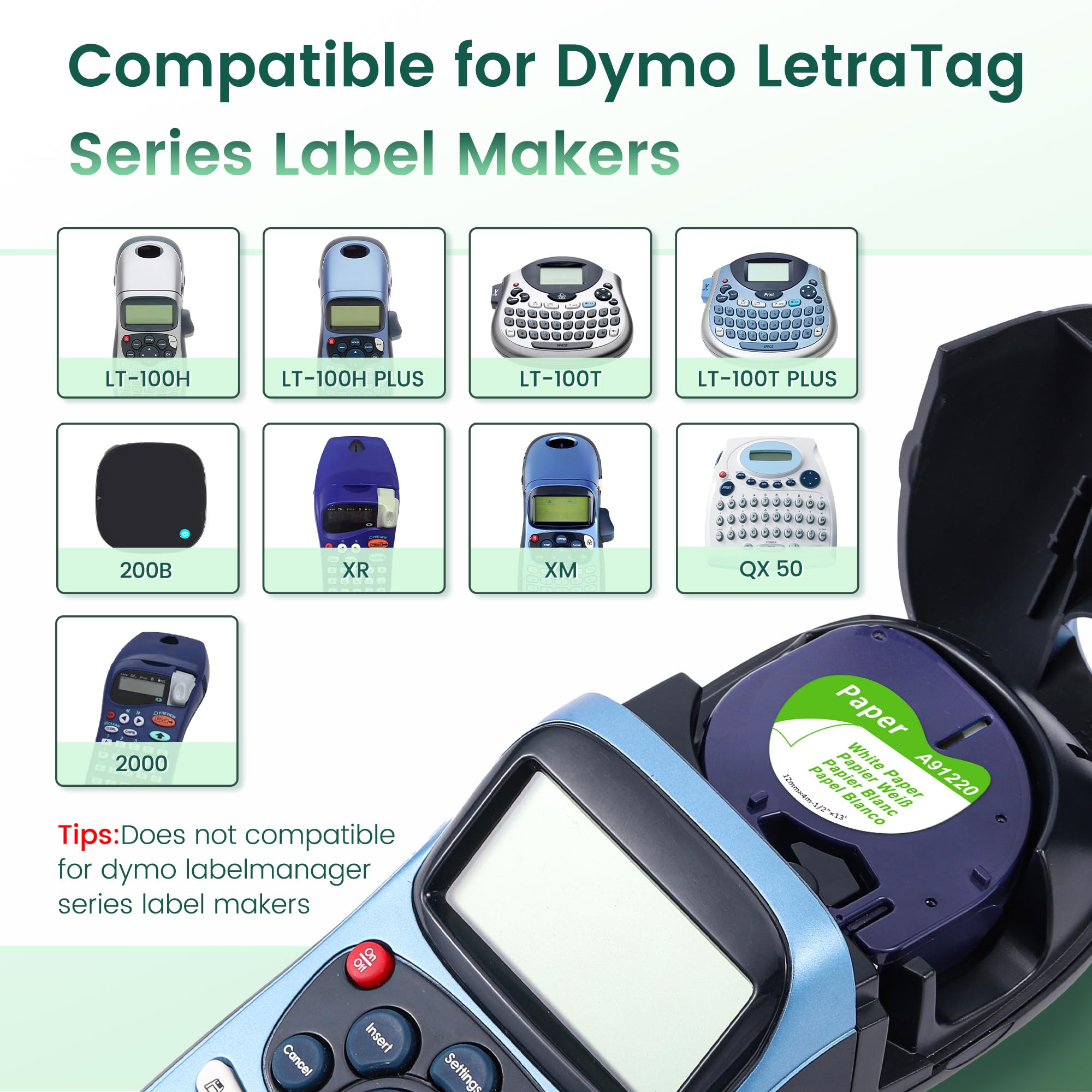 Ruban Papier Recharge Compatible Dymo LetraTag 12mm x 4m Noir sur Blanc pour LT-100H LT-100T