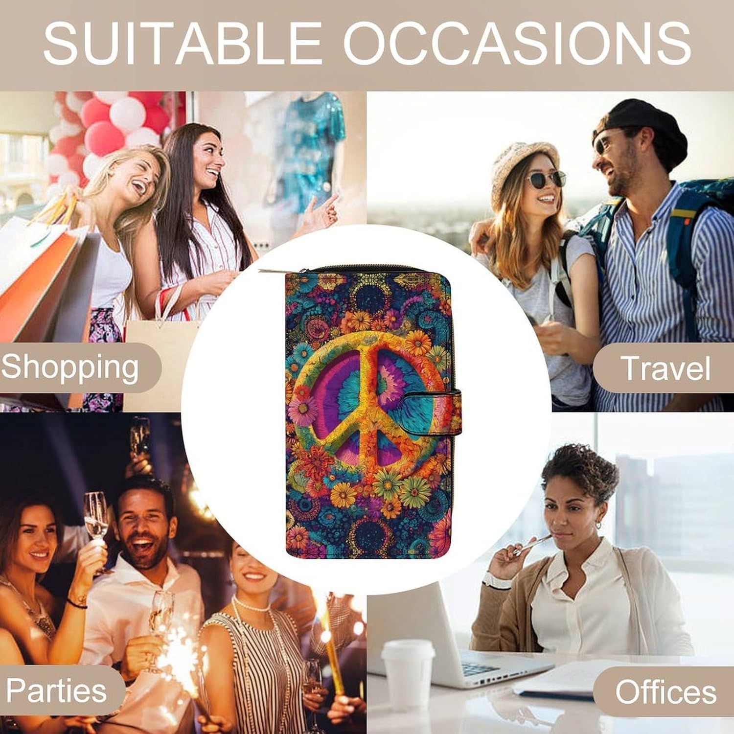 Hippie Peace Sign Tie-Dye Women's Long Wallets Leather Purse Fold Clutch Credit Card Holder