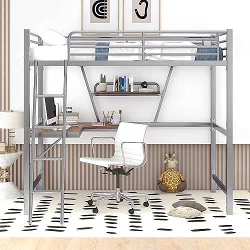 Miniatura 4 de Anwick Cama tipo loft de metal individual con escritorio y estante, resistente, ahorro de espacio, barandilla de seguridad, no necesita somier