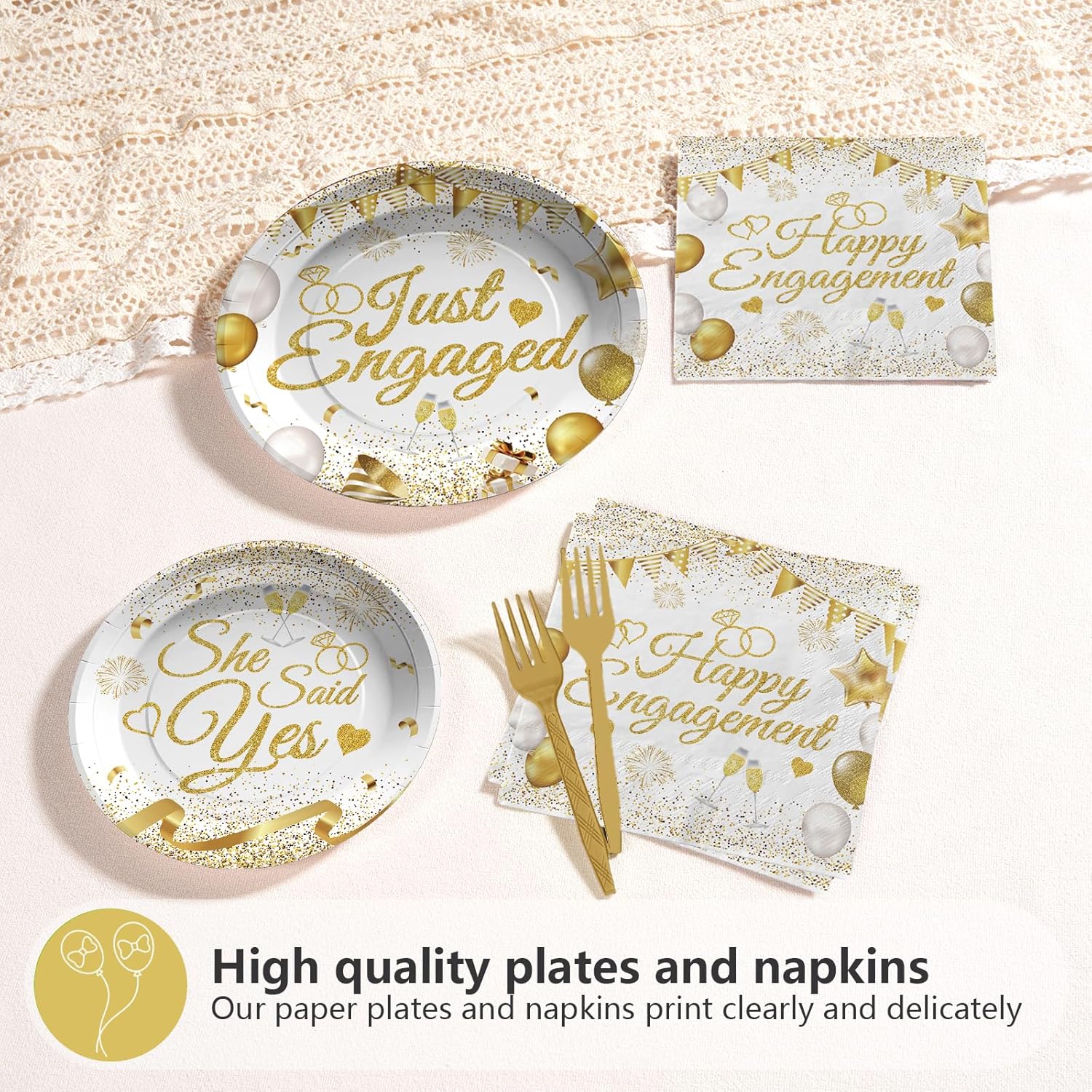 96個 ホワイトゴールドバルーン ハッピー婚約パーティー用品 婚約パーティープレートとナプキンセット 使い捨て食器デコレーション 2