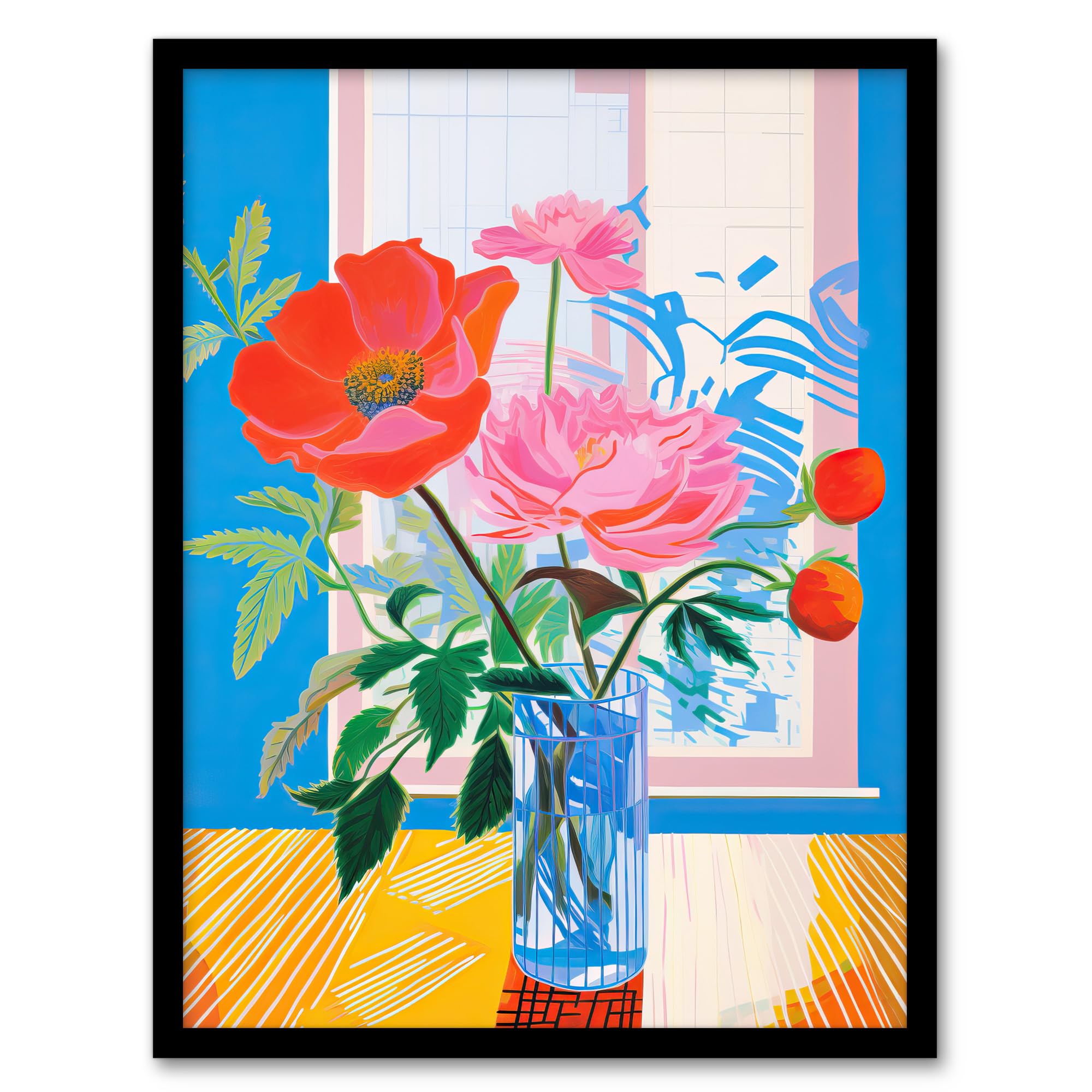Wee Blue Coo Formidable Florals Acrylic Painting Wildflowers in Glass Vase Vibrant Blue Orange Pink Artwork Framed Wall Art Print A4