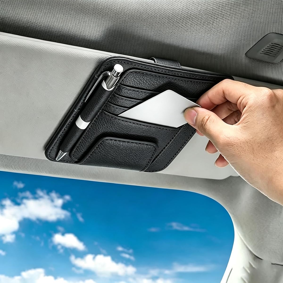 1 PC Car Sun Visor Organizer, Multifunctional Visor Storage with Card Slots and Pen Loop, for Sunglasses Documents and Cards, Universal for Most Cars, SUVs, Trucks (Black)