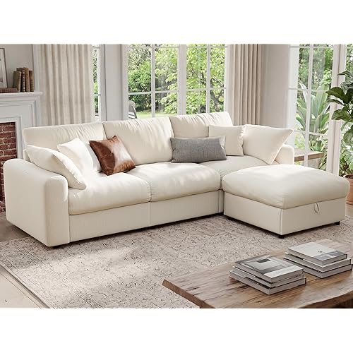 Ihanherry Cloud Sectional Couches for Living Room, 110" Large Modular Sectional Sofa with Wide Deep Seat, L Shaped Couch with Throw Pillow and Storage Ottoman, Beige