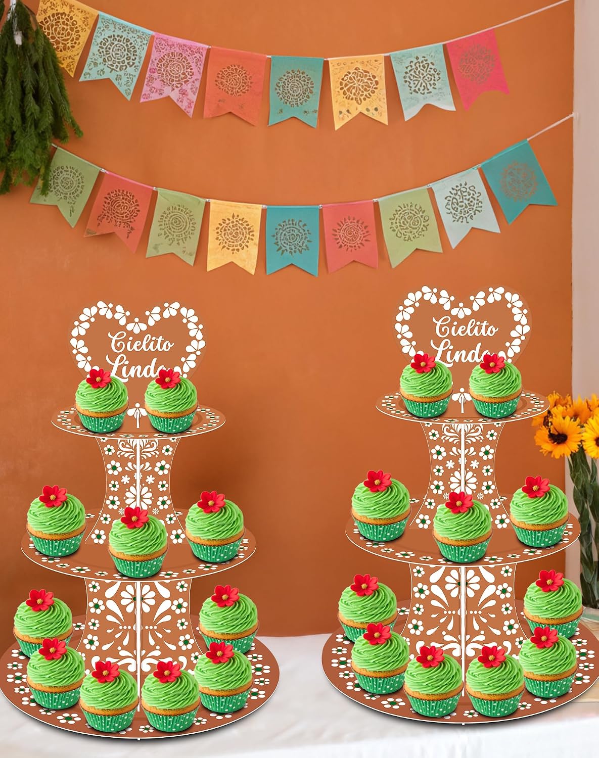 2 PCS Cielito Lindo Terracotta Cupcake Stand, 3 Tier Mexican Papel Picado Cupcake Dessert Tower for Birthday Baby Shower Cinco de Mayo Fiesta