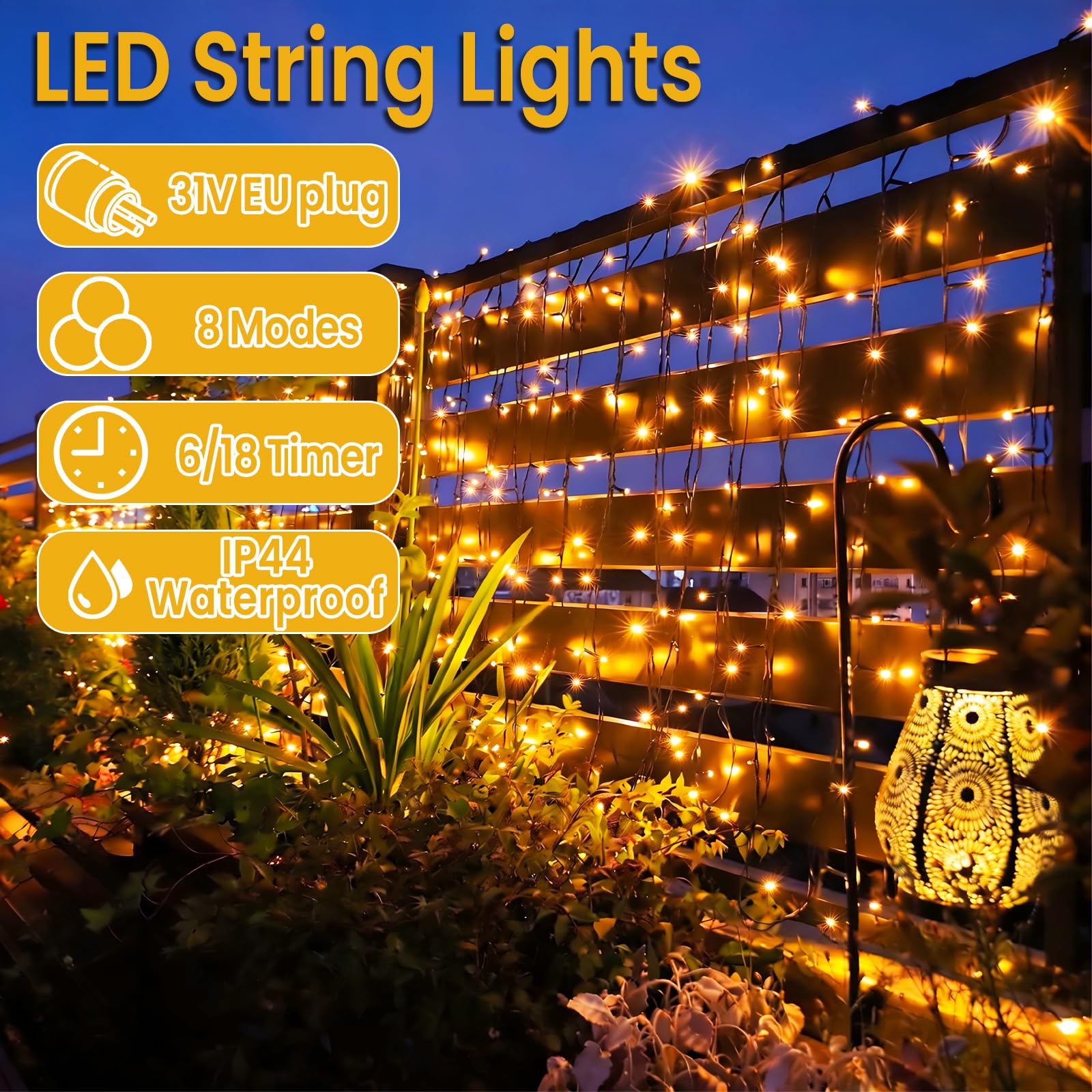 Guirnalda Luces Exterior/interior, 8 modos de luz + temporizador + memoria, Impermeable Luces Decoración de fiestas, Balcón, Jardín, Arbol de Navidad, 100m 1000LEDs, Blanco Cálido
