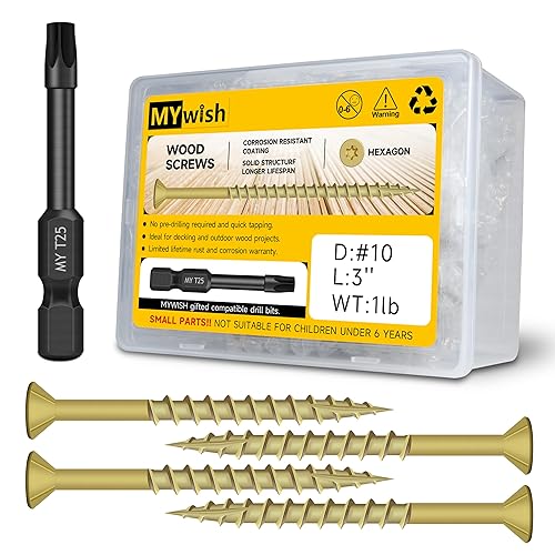 65 tornillos de madera #10 x 3 caja de 1 libra, tornillos de cubierta de 3 pulgadas, cabeza de transmisión Torx T25, tornillos de construcción para