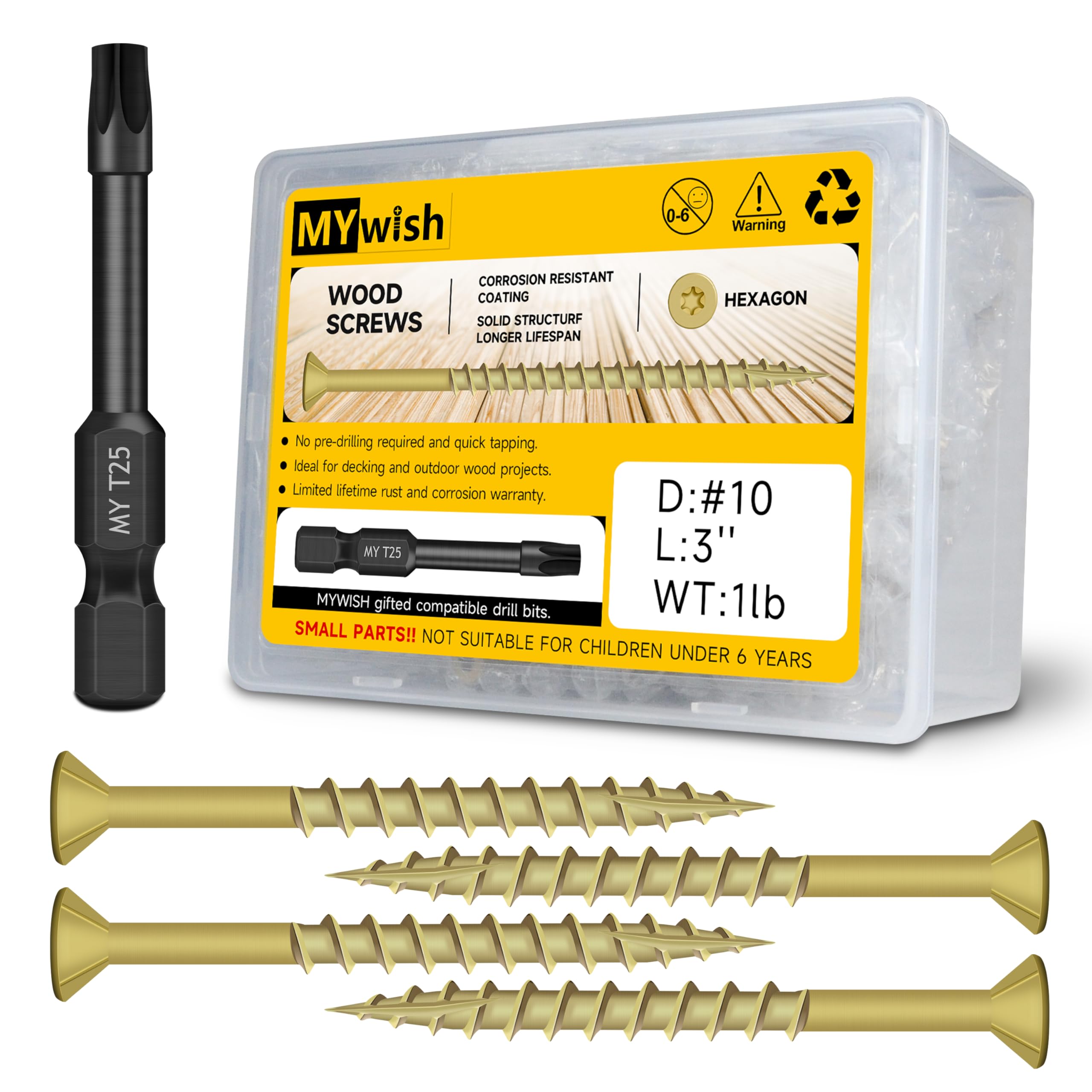 65Pcs Wood Screws #10 x 3 1lb Box, Deck Screws 3 Inch, T25 Torx Drive Head, Outdoor Construction Screws, Rust Resistant, Epoxy Coated, Exterior 3 Inch