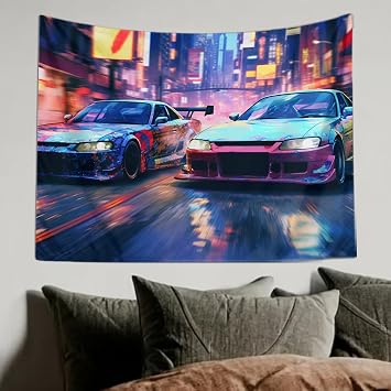 QEOPGNE Large Tapestry Wall Hanging Decor Jdm Car S13 S15 Blue Tokyo Drifting Anime Tapestry Wall Decor for Bedroom Aesthetic Wall Art Living Room Decor for Men And Woman 30"x40"