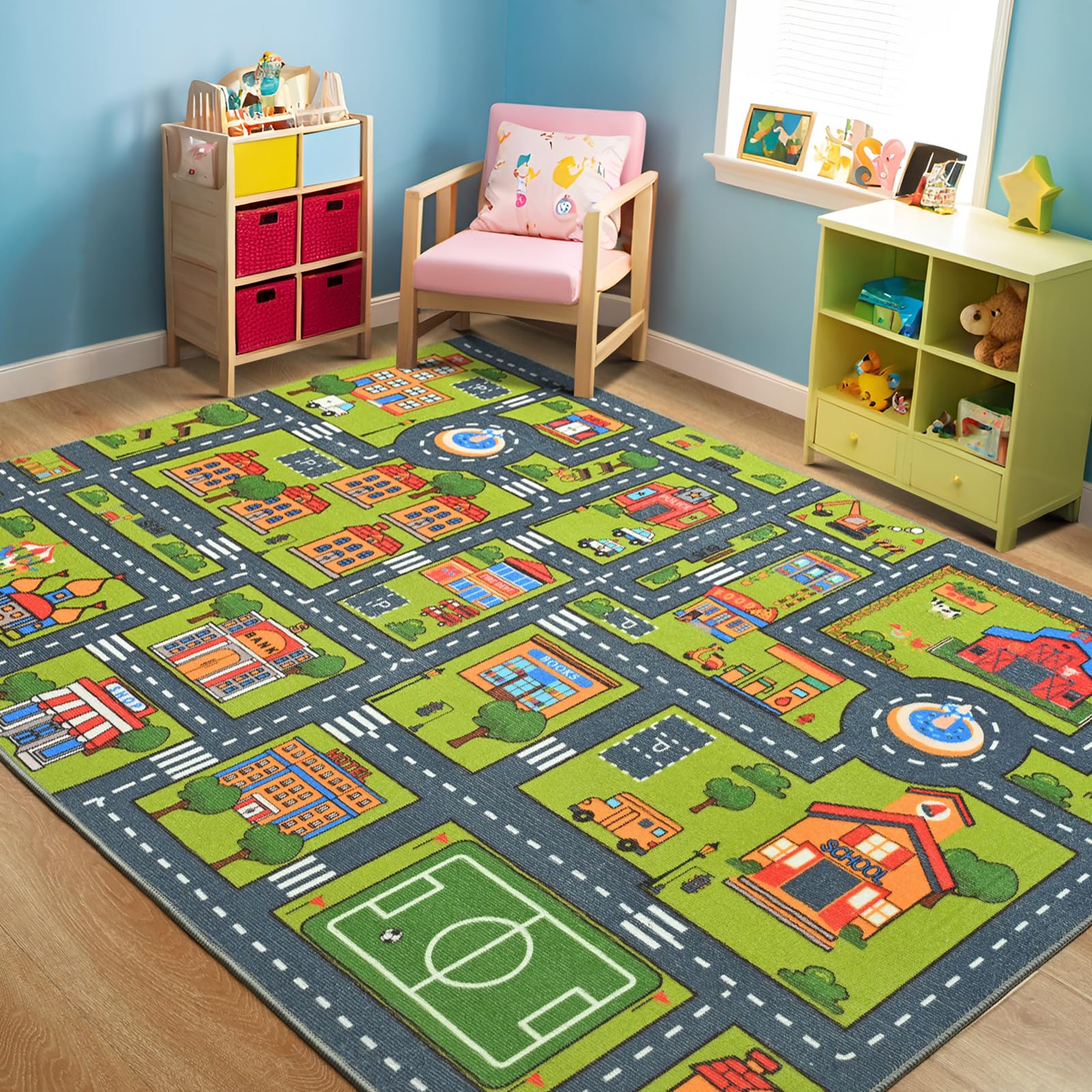 Merelax 4x6 Kids Car Rug Grey Green Area Rugs for Living Room Playroom Classroom Bedroom, Non Slip Kids Play mat Washable Rug, Educational City Traffic Road Map Fun Car Carpet for Ages 3-12