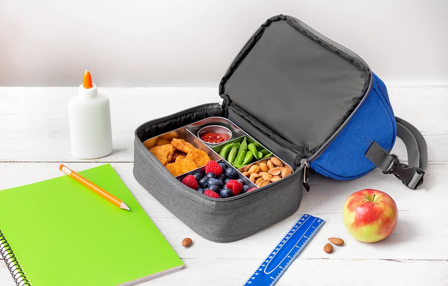 LunchBots Duplex Insulated Lunch Bag - Dual Section Design Fits Uno, Duo, Trio, Quad, Rounds, Bento Cinco Perfectly - Roomy Thermal Lunch Bag - Royal