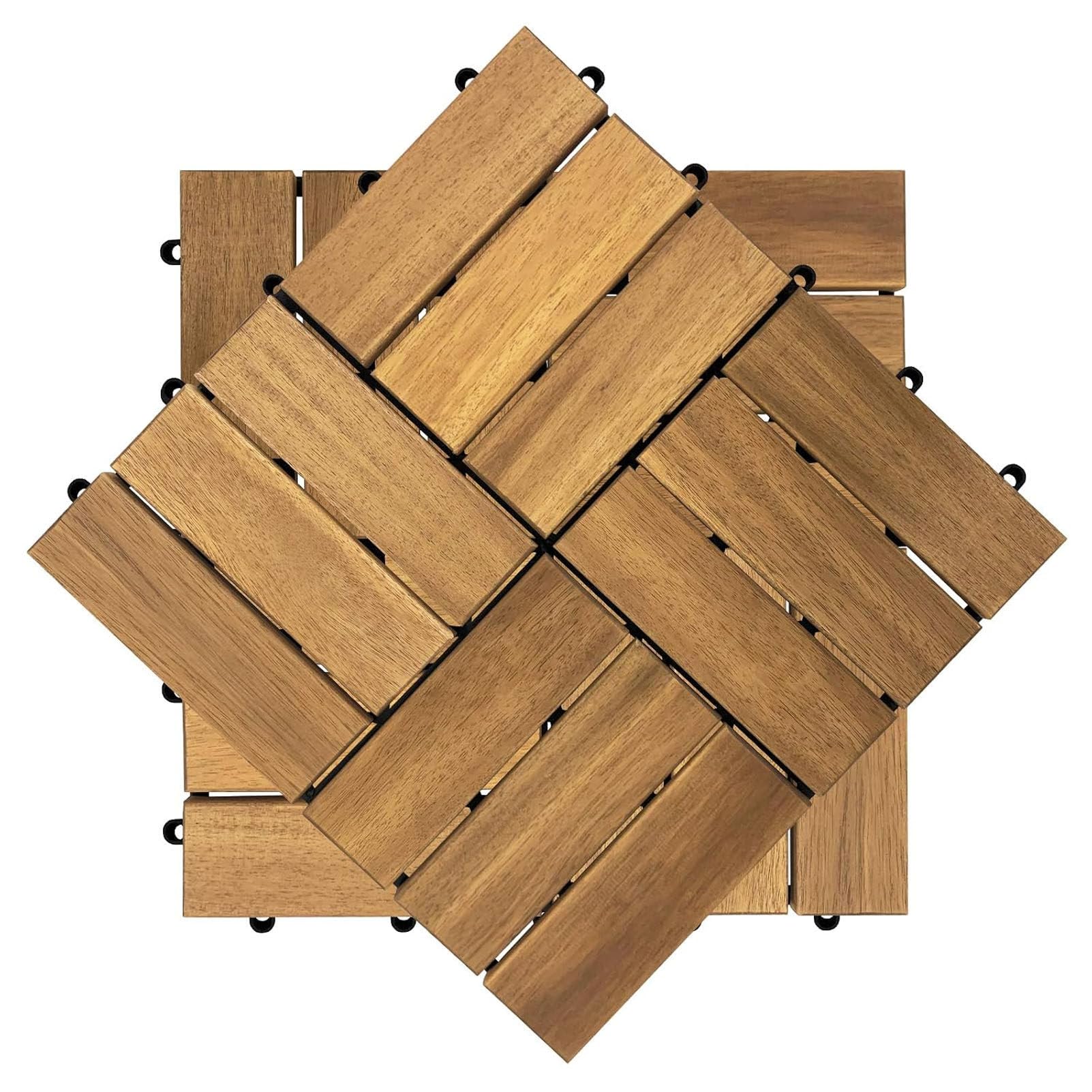 Piastrelle in legno per esterni con superficie antiscivolo 12-Slat-9pc | Pavimentazione a incastro in legno carbonizzato 30x30 cm – Piastrelle in legno duro resistenti alle intemperie