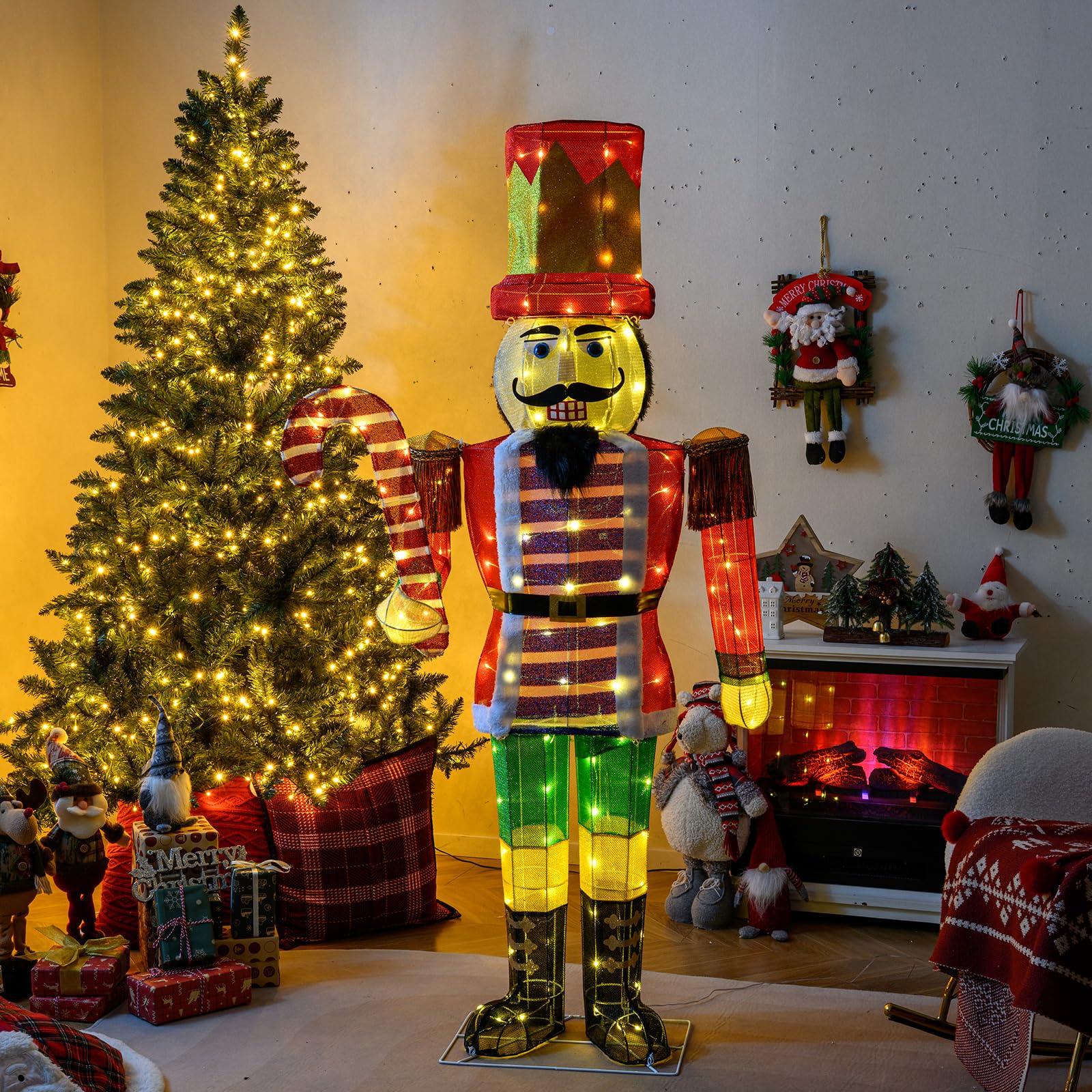GOPLUS Bożonarodzeniowa figurka dziadka do orzechów, duża, podświetlana dekoracja bożonarodzeniowa XXL, 170 cm, figurka bożonarodzeniowa ze światłami LED, dekoracja bożonarodzeniowa z laską cukrową