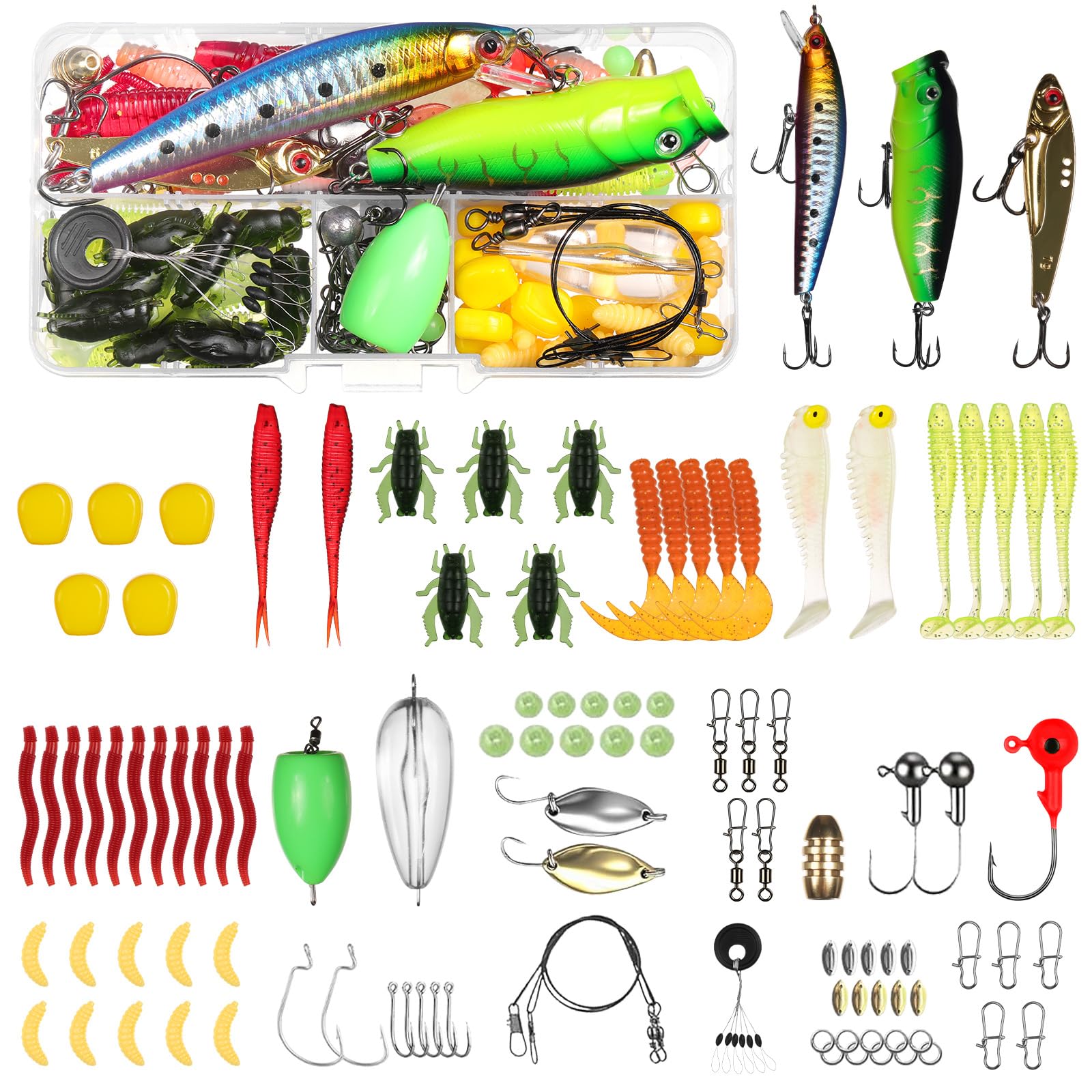 Vicloon Fishing Lures Mixed, 116Pcs Fishing Bait Lure Gear Kit Including Crankbaits, Spoon, Hooks, Poppers, Minnows, Sequins, Rotating Sequins, Simulated Worms, Earthworms, Crickets and Tackle Box