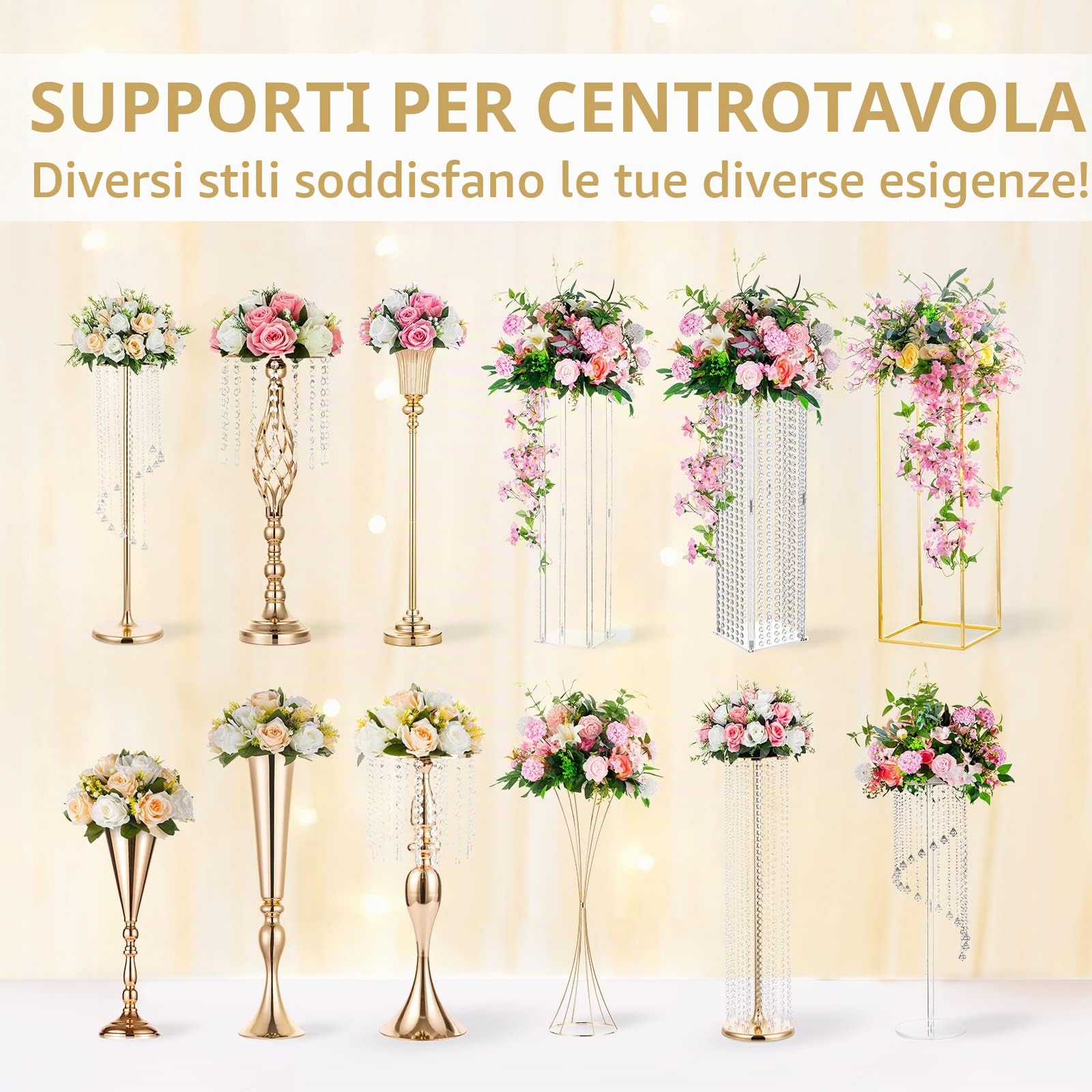 10 Pezzi Fiori Finti, Rose Plastica a 15 Teste con Base, Adatte per Centrotavola Matrimonio del Nostro Negozio Fioriera per Decorazioni per la Casa di San Valentino(Champagne&Bianco)