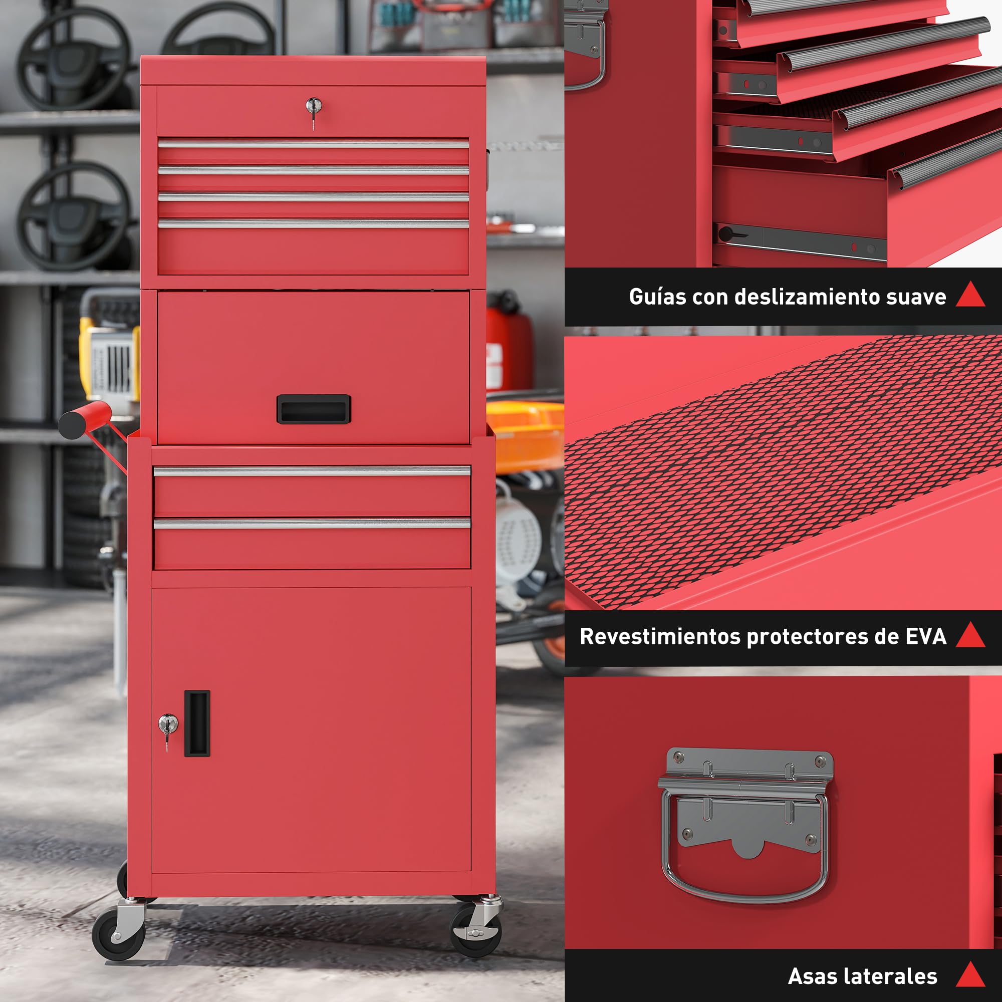 HOMCOM Carro de Herramientas con 6 Cajones y Cerraduras, 3 en 1, Carro de Taller Móvil con Ruedas y Panel Lateral Perforado, Caja de Herramientas Desmontable de Acero, para Taller, Garaje, Rojo