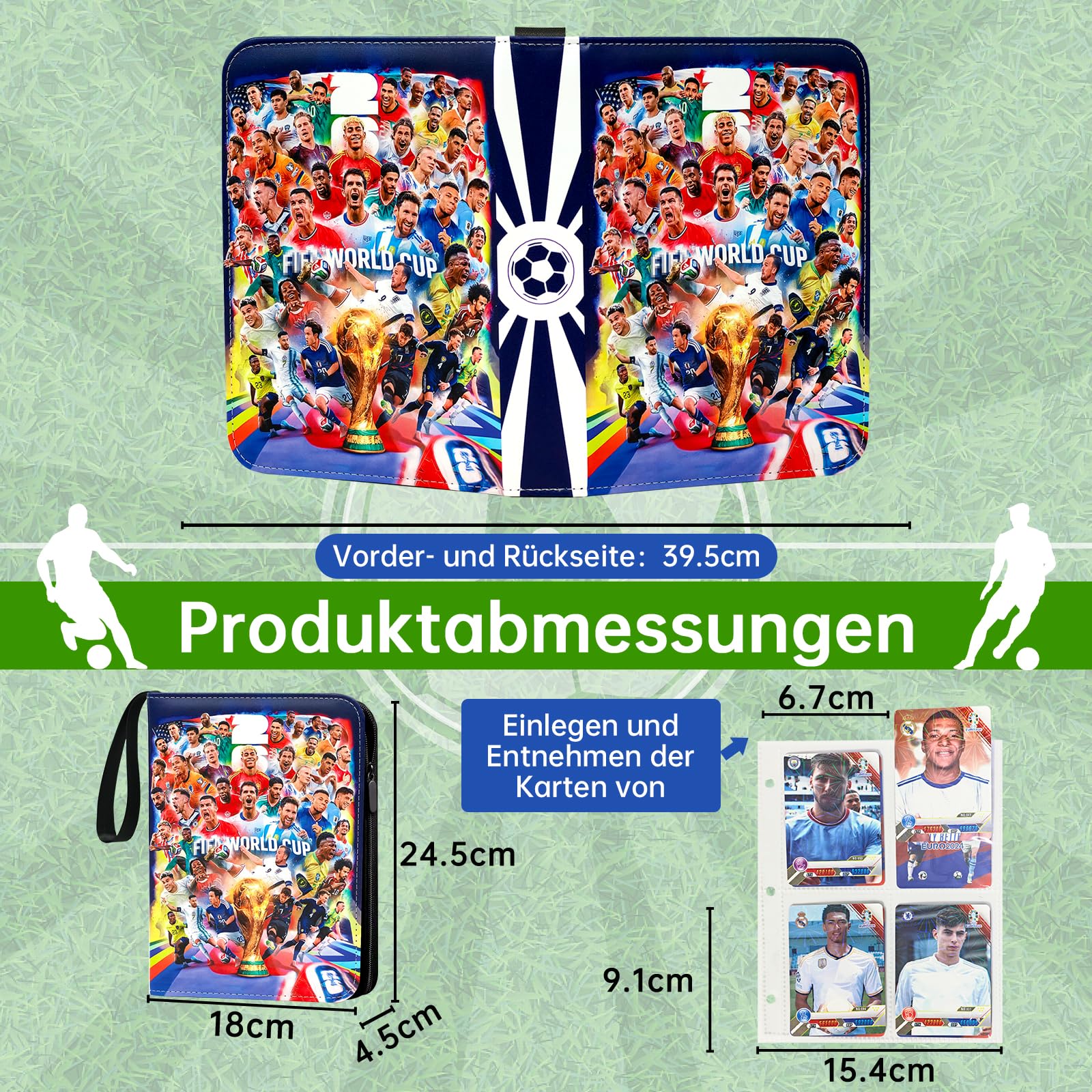 WM 2026 Fussball Sammelkarten Album mit Reißverschluss Tragegriff, 4 Fächern 50 Hüllen für 400 Karten, Fußball Karten Sammelalbum Sammelmappe Sammelheft Sammelbuch, Wasserdicht Heft Ordner - 2