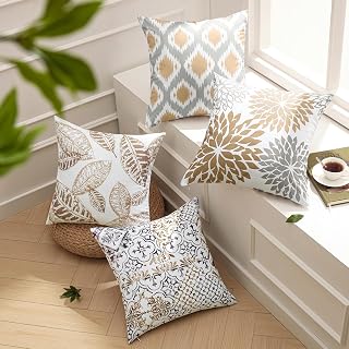 Phantoscope Set of 4 Fall Leaf Geometric Throw Pillow Covers 18x18 - Durable Polyester Decorative Cushion Cases, New Living Series