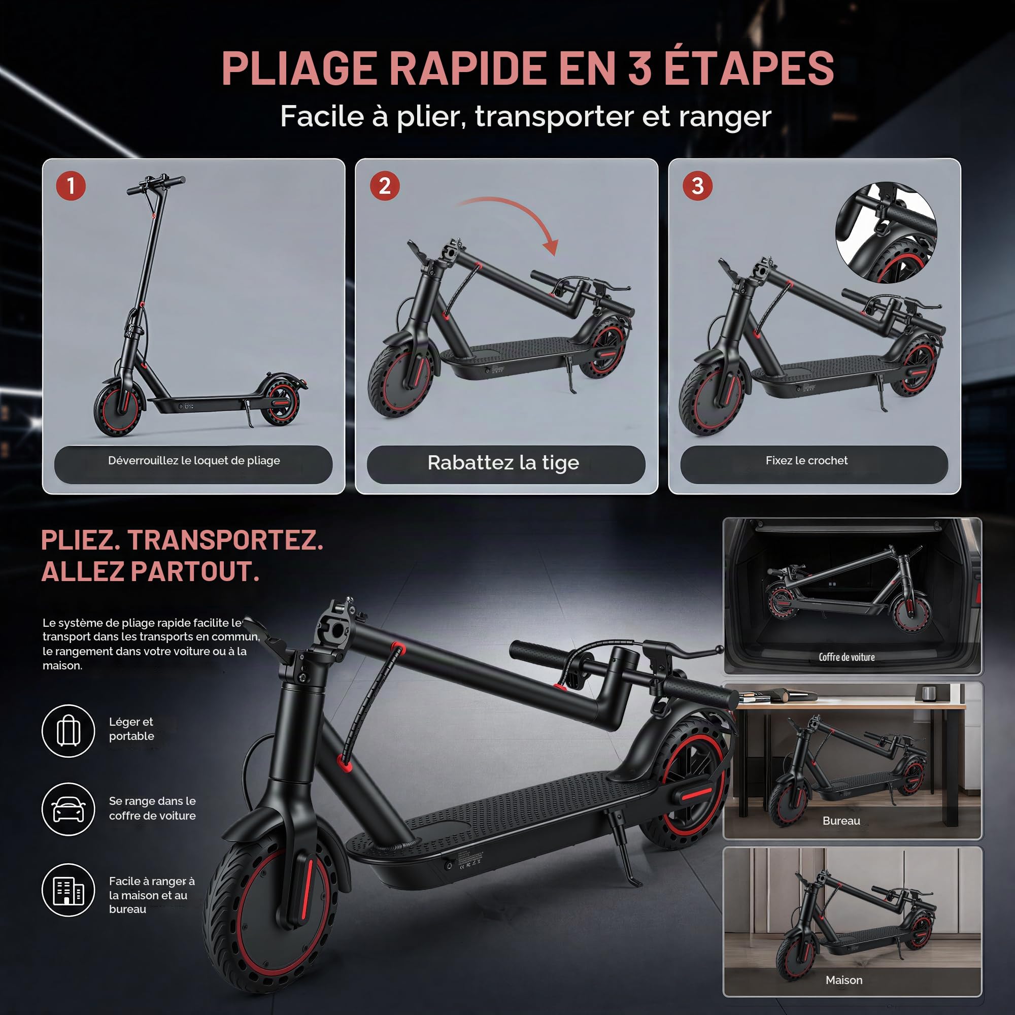 Trottinette électrique pliable pour adultes, 10,4 Ah, autonomie 25/35 km, pneus solides 8,5", charge maximale 120 kg, contrôle avec application