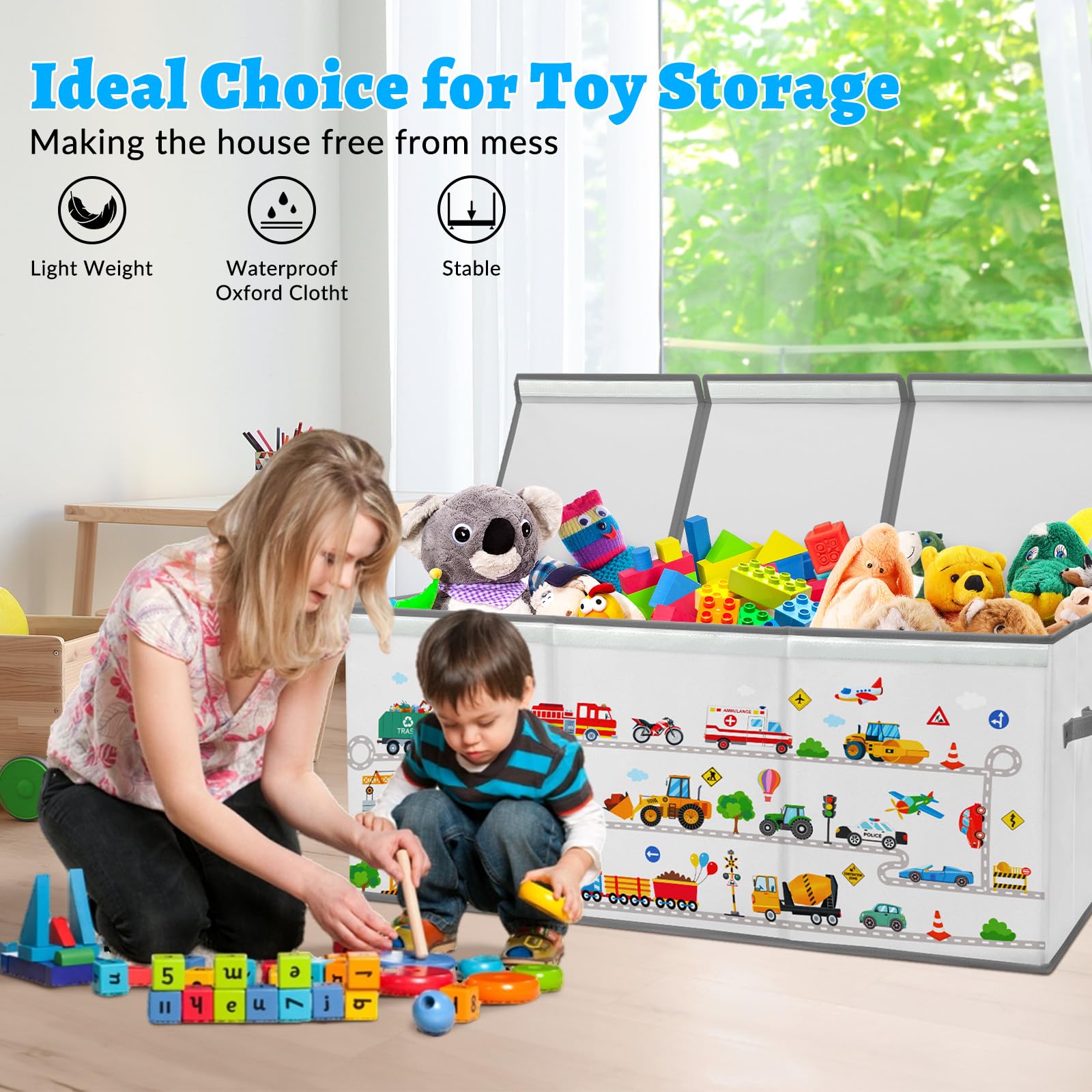 Extra Groß Aufbewahrungsbox mit Deckel Kinder, Zusammenklappbare Oxford-Spielzeugkiste mit Griff für Mädchen Jungen, Wasserdichte Spielzeug Aufbewahrung im Kinderzimmer, 96×32×40 cm (Straßenfahrzeuge)