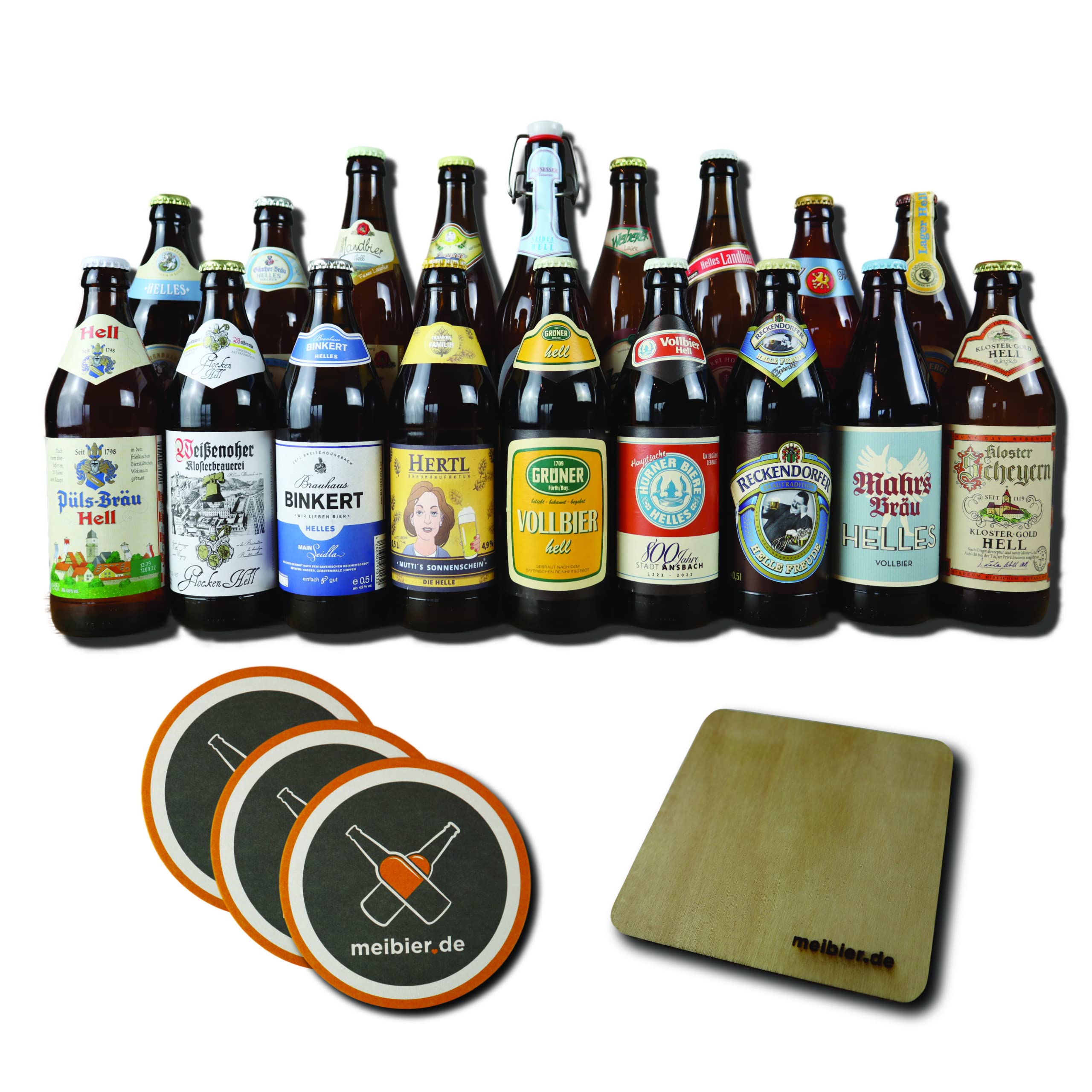 meibier© Helle Biere - Bier Box aus Franken, 18x0,5 Liter fränkisches Bier + Holz Untersetzer + 3x Bierfilz, tolles Bier Geschenk, Bierbox, Bierpaket