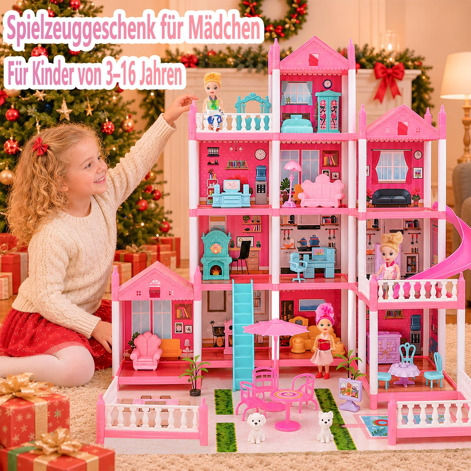Großes Puppenhaus für Mädchen von 3–16 Jahren, 12 Zimmer, Puppenhaus mit Beleuchtung, Spielmatte, Puppen, Möbeln und umfangreichem Zubehör, Kinder