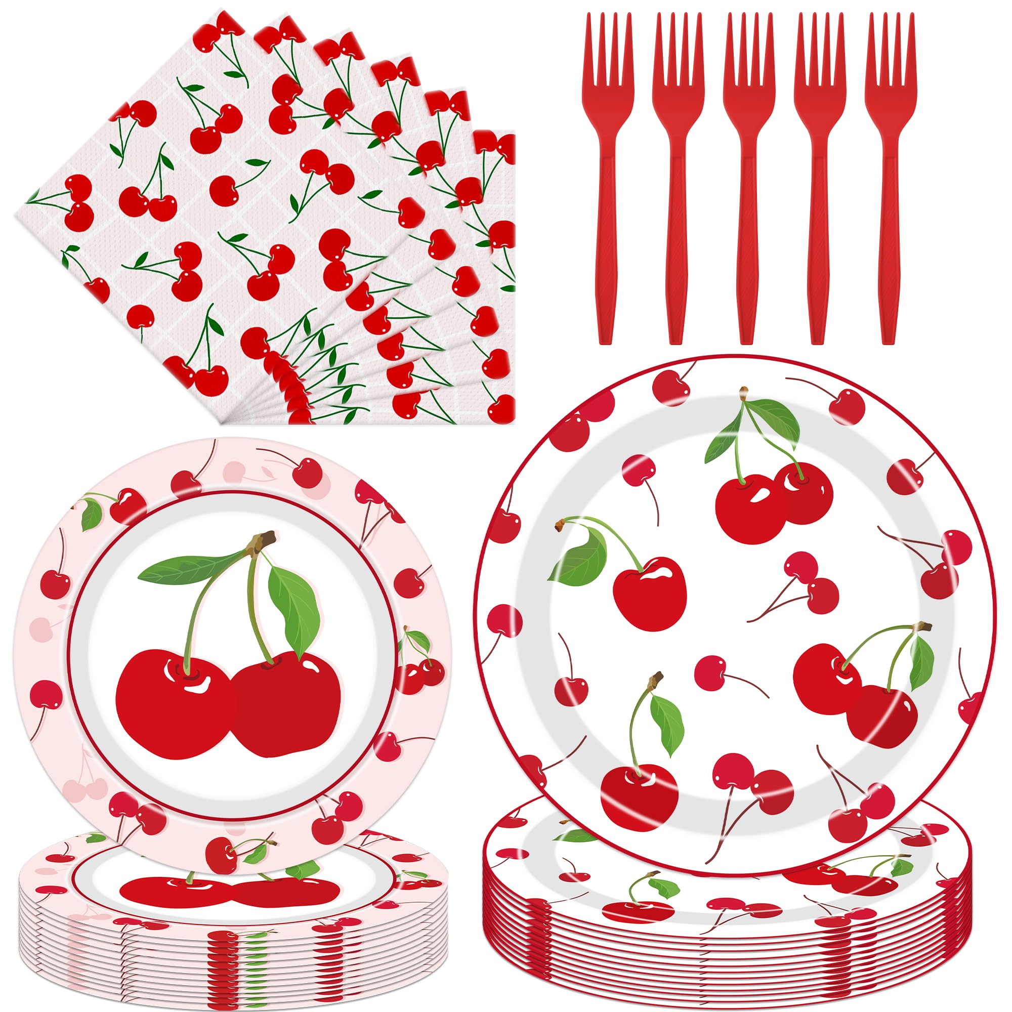 VorkiVecKi Cherries Birthday Party Plates - 96 Pcs Cherries on Top Decorations for Kids Girls Fruit Pink Napkins Forks Disposable Tableware Sets