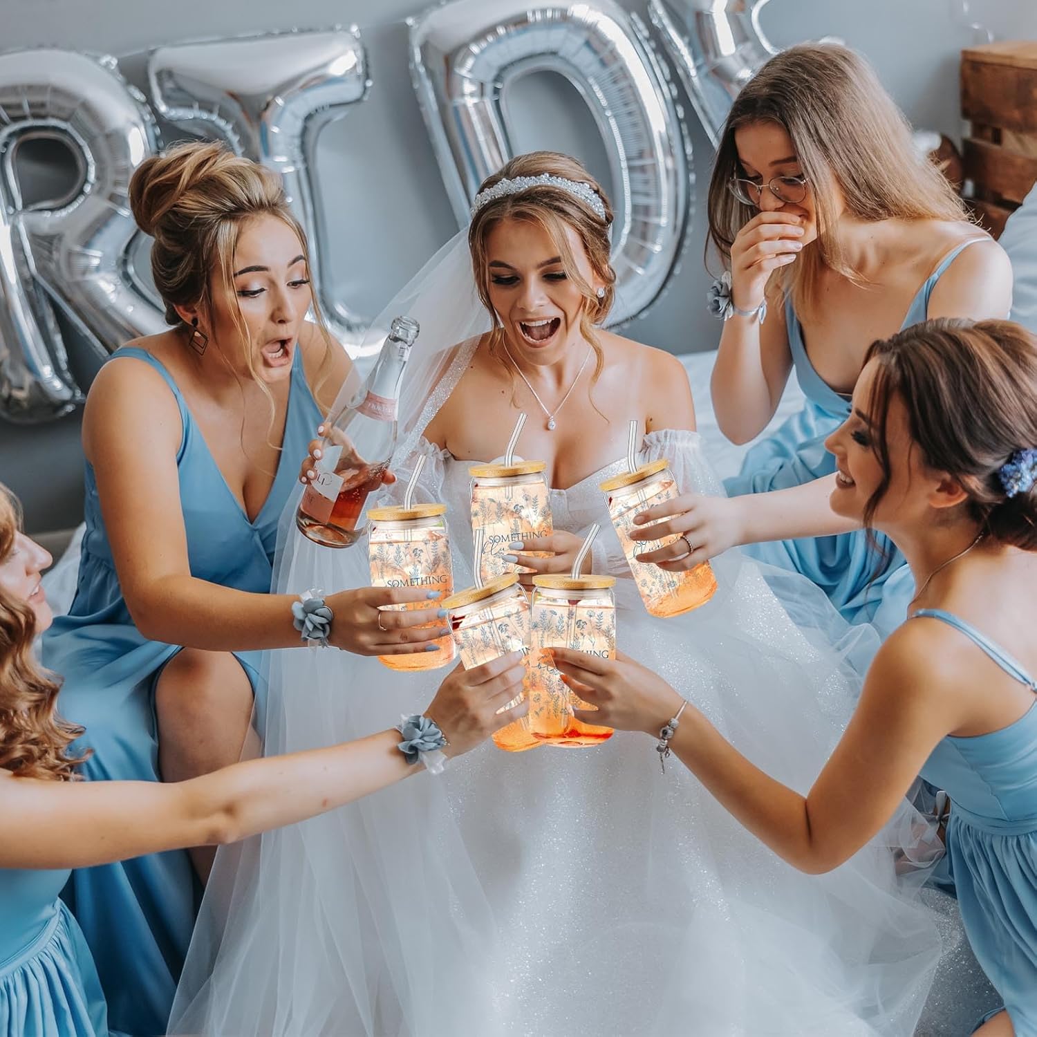 48 Pcs Bridesmaid Gifts Proposal Bulk Something Blue Crew Gift Blue Hair Scrunchies Proposal 16 Oz Glass Cup Makeup Bag Butterfly Clips Card Envelope Pen for Bachelorette Bridal Shower Decor - Image 6