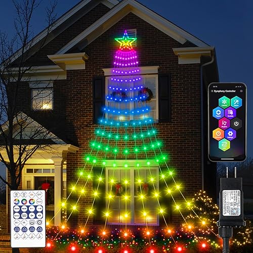 Luces inteligentes de decoración de Navidad con estrella de 11.48 pies, 350 luces LED para árbol de cascada con temporizador remoto, luces que