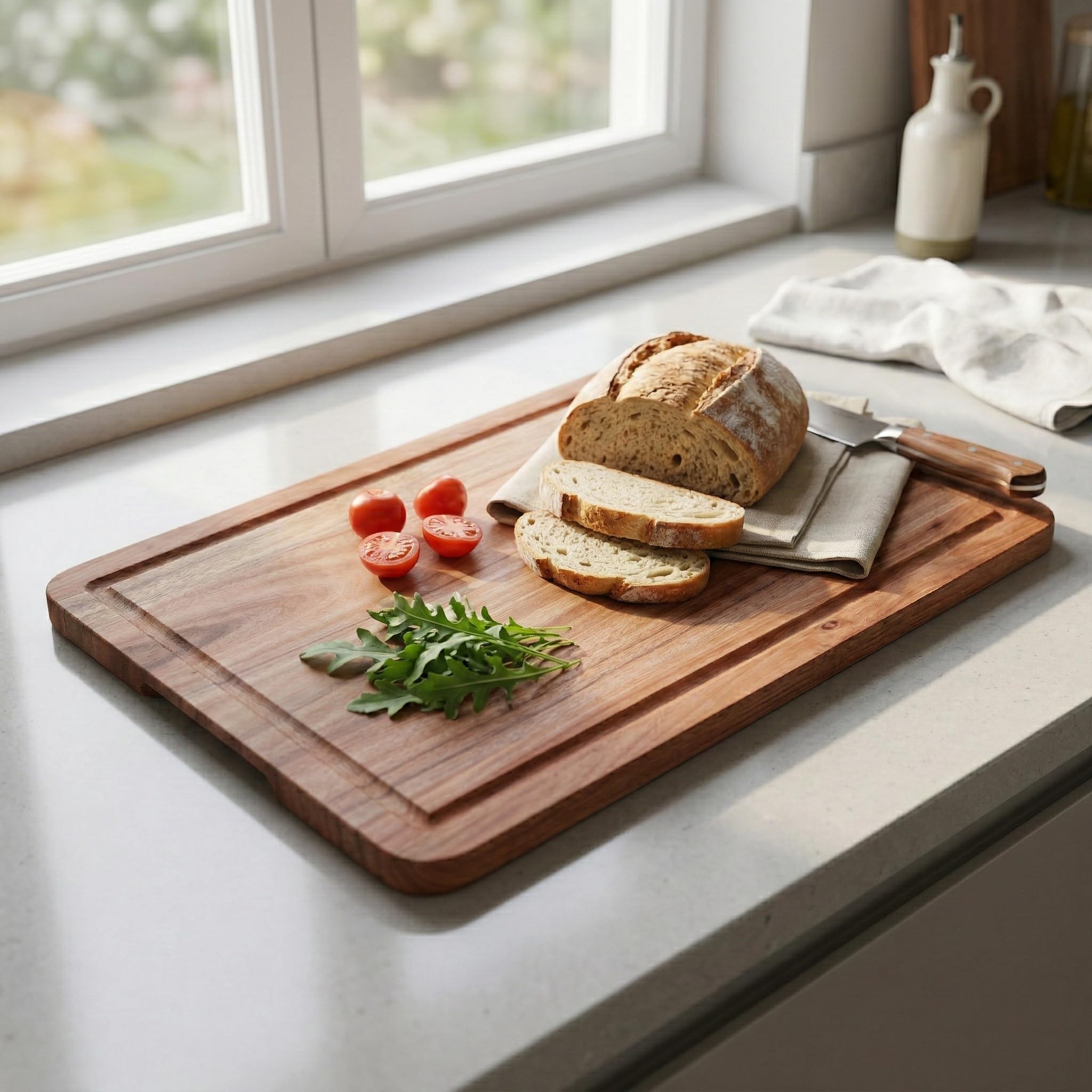 Deconox Doğal Akasya Ahşap Doğrama ve Kesme Tahtası - Kesme Panosu - 40x26x1.5 cm Çok Amaçlı Sunum Tepsisi, Peynir ve Et Servis Tahtası
