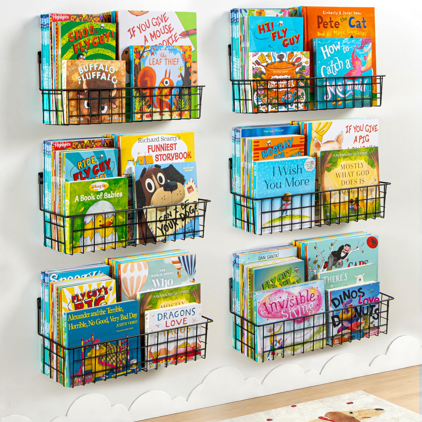 PUERSI 6er-Set Bücherregal Kinder Wand, Metall Wandregal Bücher, Hängend Regal für Kinderzimmer Aufbewahrung von Bilderbüchern für Baby, Mädchen und Jungen