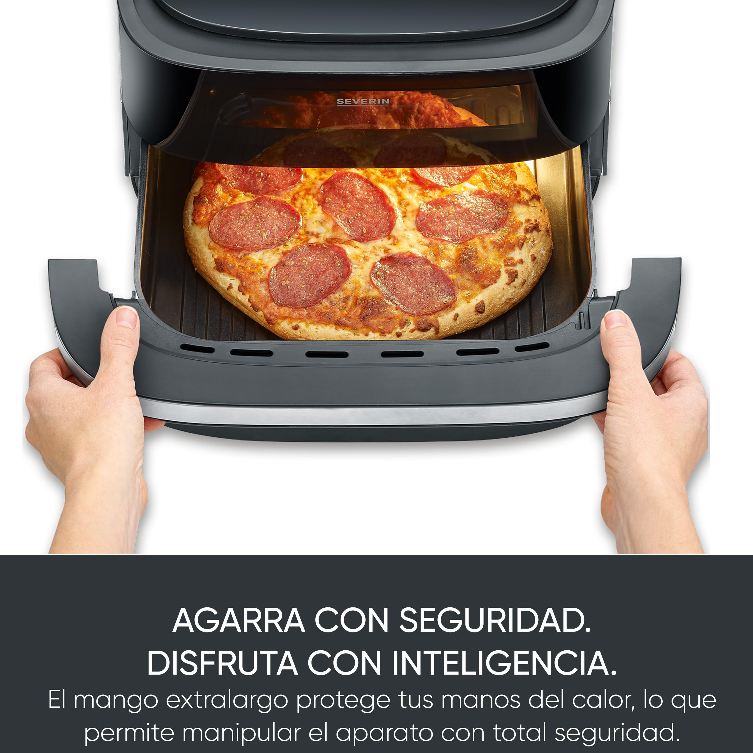 SEVERIN Freidora de aire S-Fry Pizza & More, 10 programas automáticos para pizza y más, distribución óptima del calor, forma extraancha, ventana de visualización, 4 l, 2100 W, negro, plateado, FR 2464